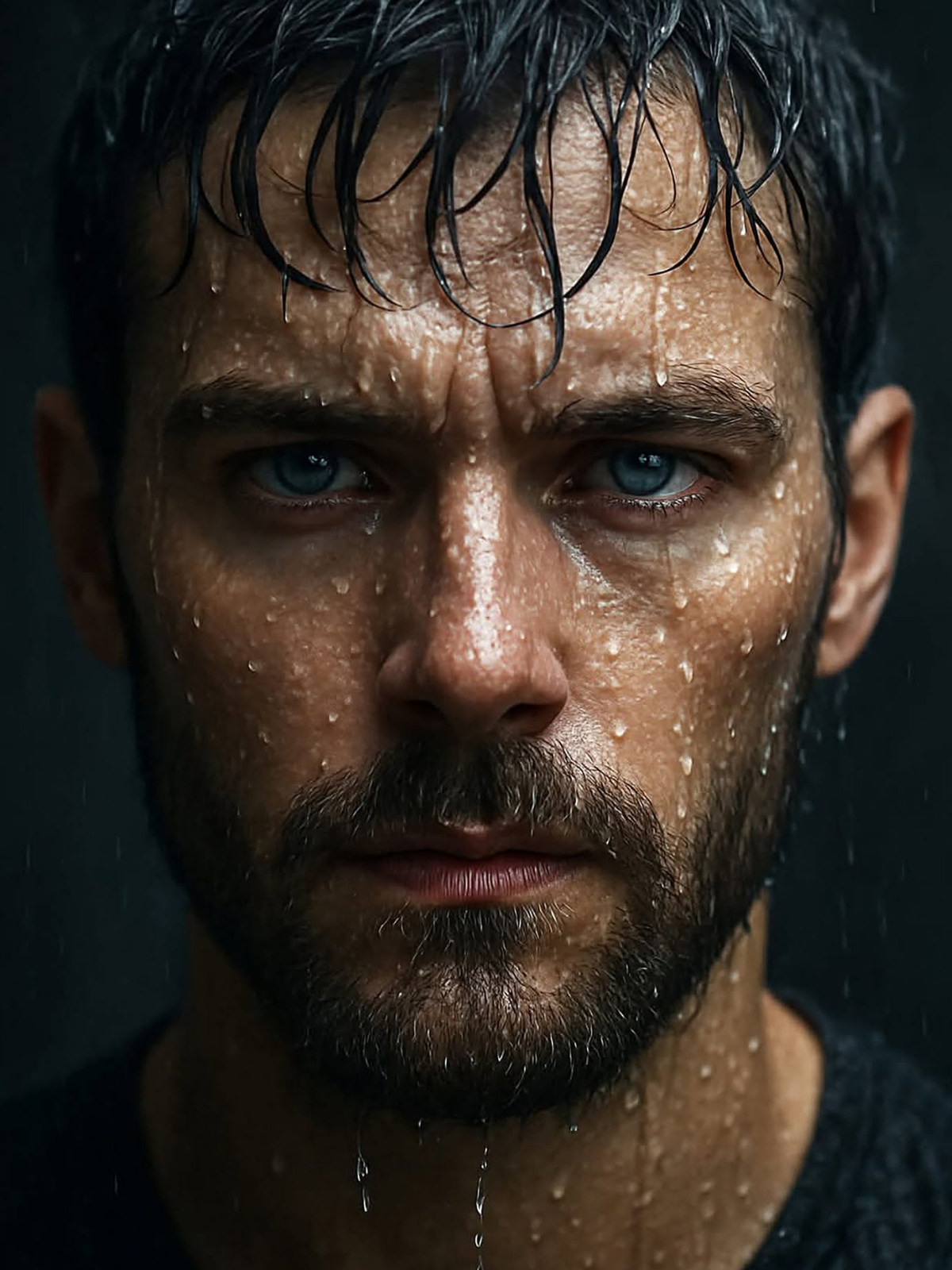 Rainy Resolve: Intense Blue Eyes