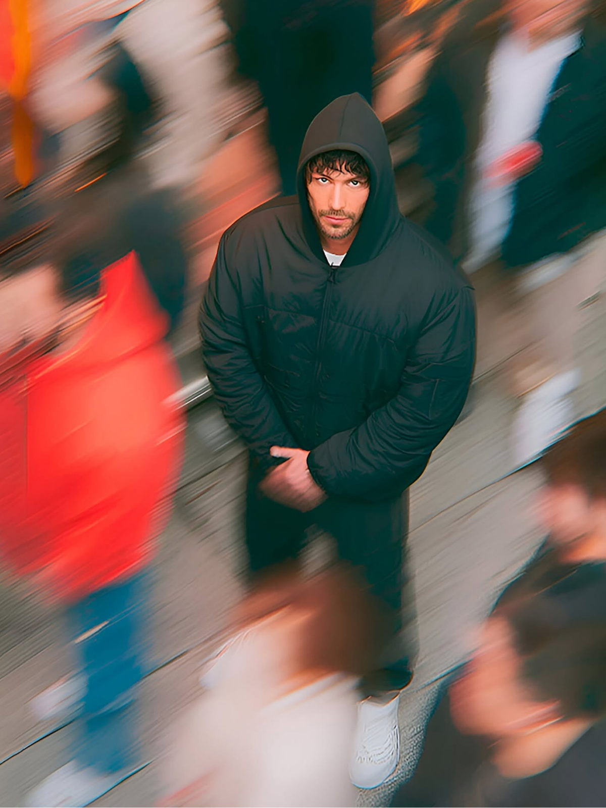 Frozen Gaze Amidst Urban Chaos