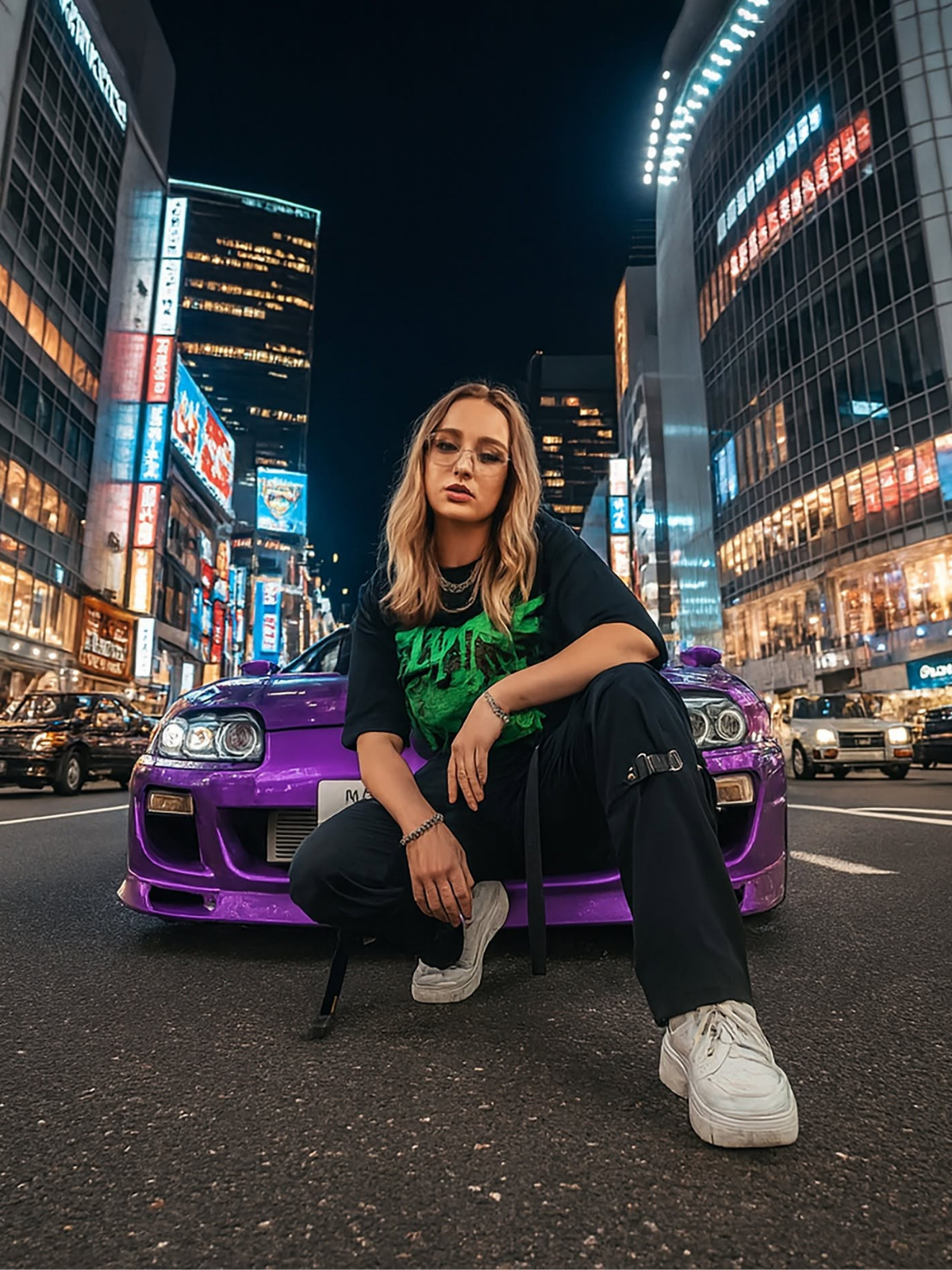 Purple Supercar, Neon Tokyo Street Style