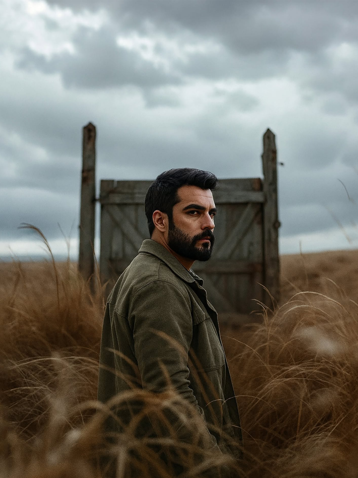 Wind-Swept Man, Moody Sky, Mysterious Gate