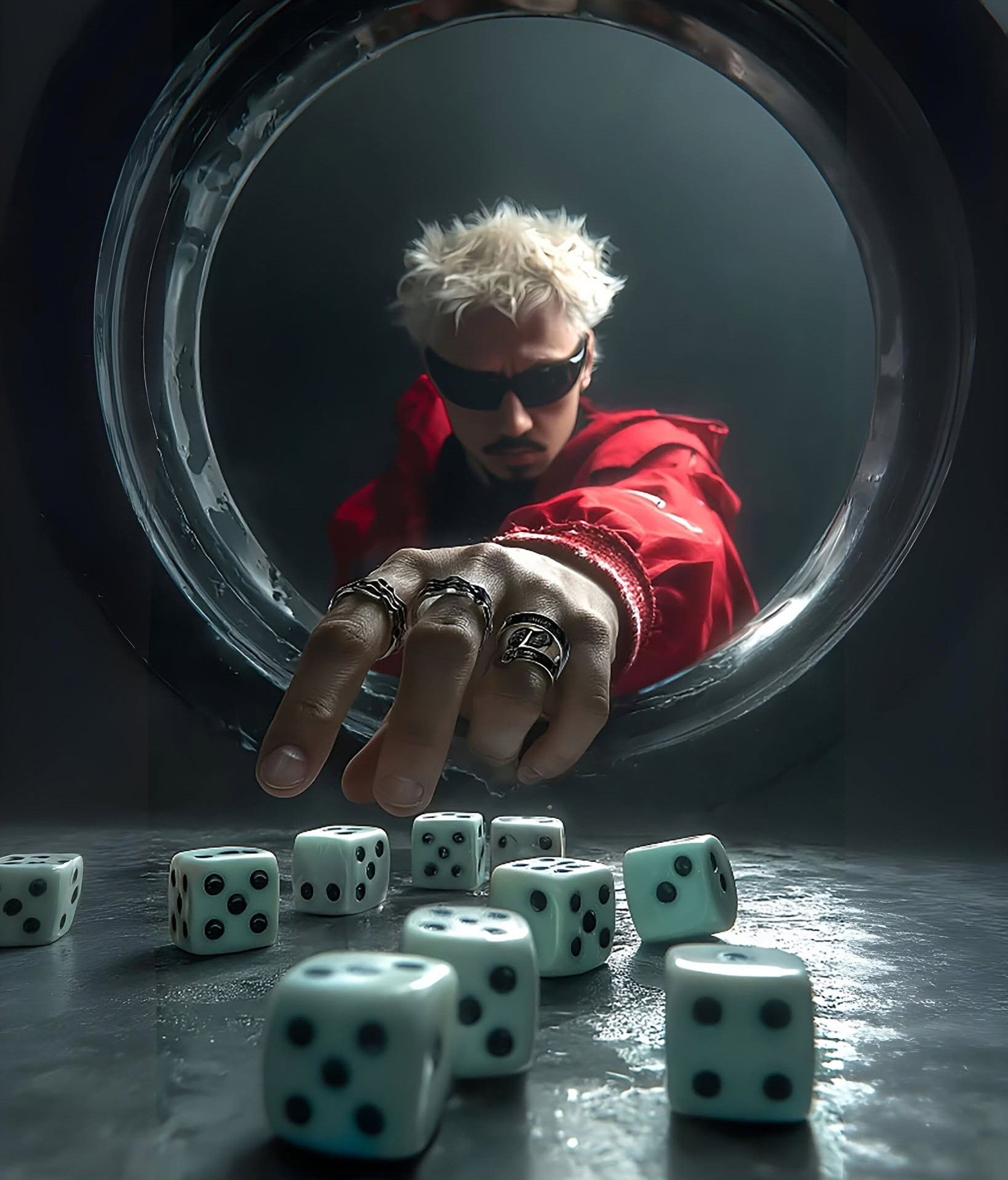 Futuristic Man Reaching for Dice Portal