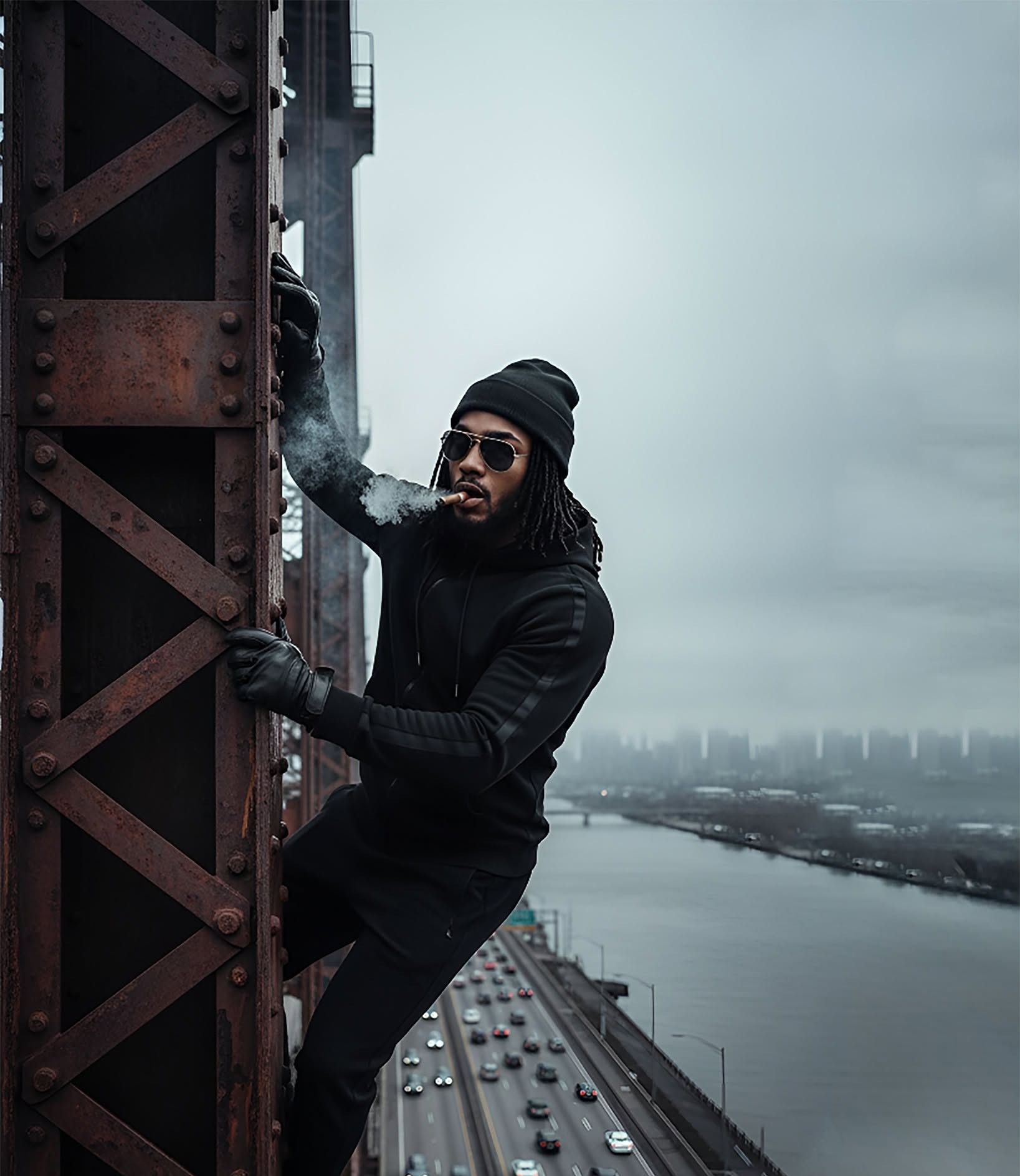 Streetwear Rebel Scales Foggy Bridge