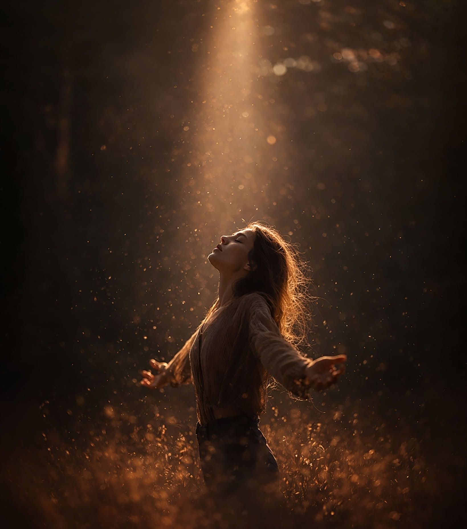 Golden Sunbeam Embrace in Mystical Forest
