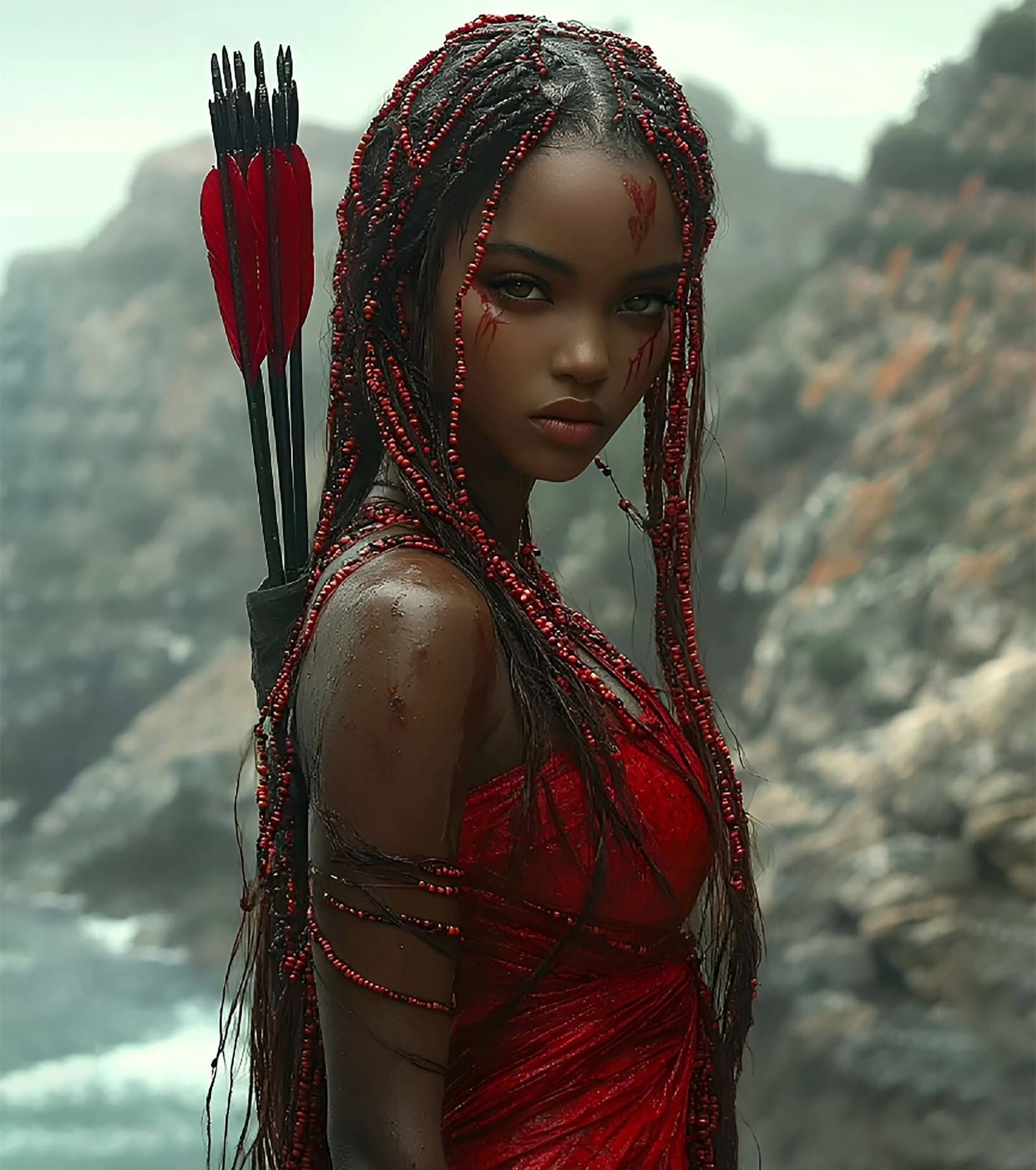 Red Warrior on Crashing Coastal Cliffs