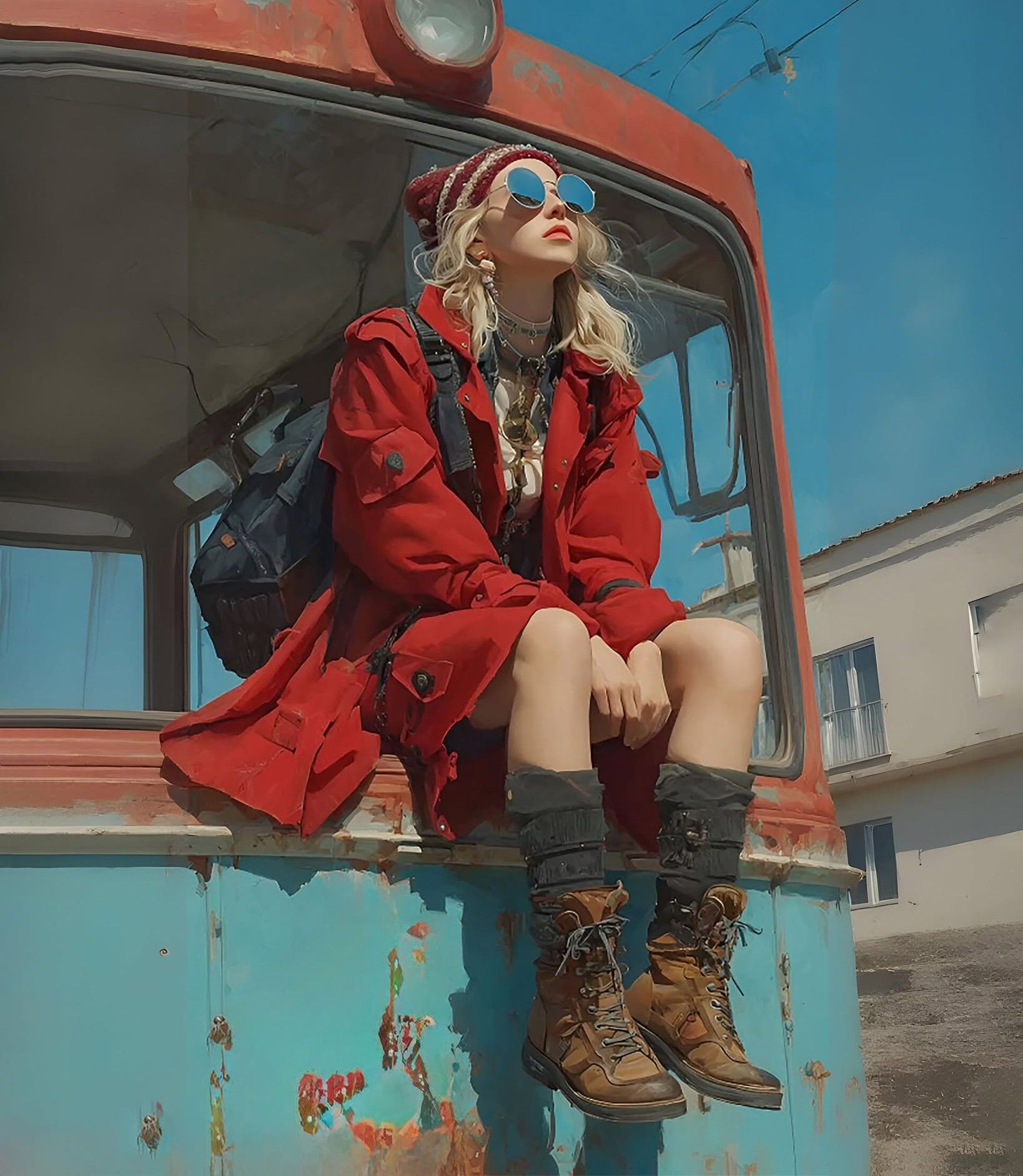 Red Coat Reverie on Vintage Bus