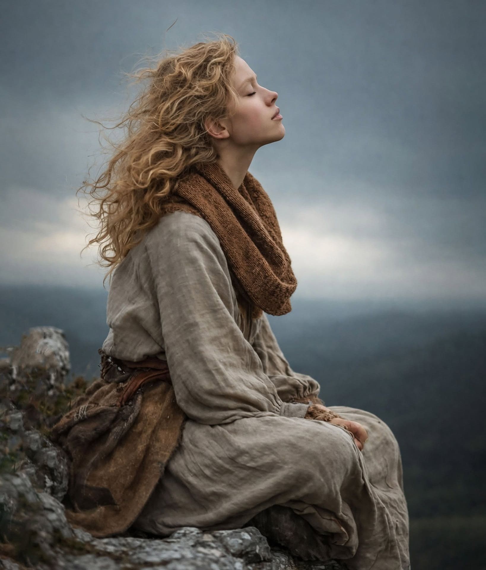 Wind-Kissed Medieval Blonde on Cliff