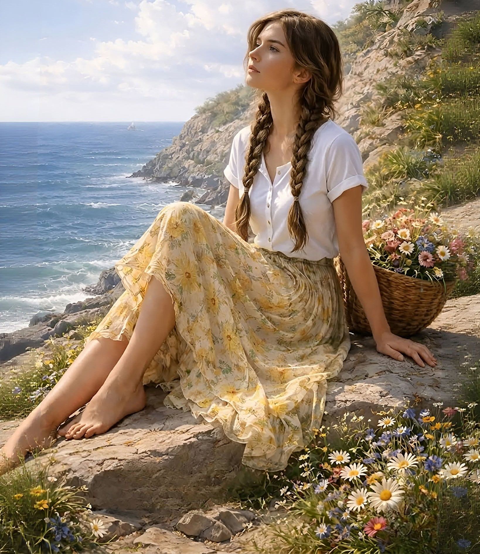 Dreamy Coastal Serenity: Woman and Wildflowers