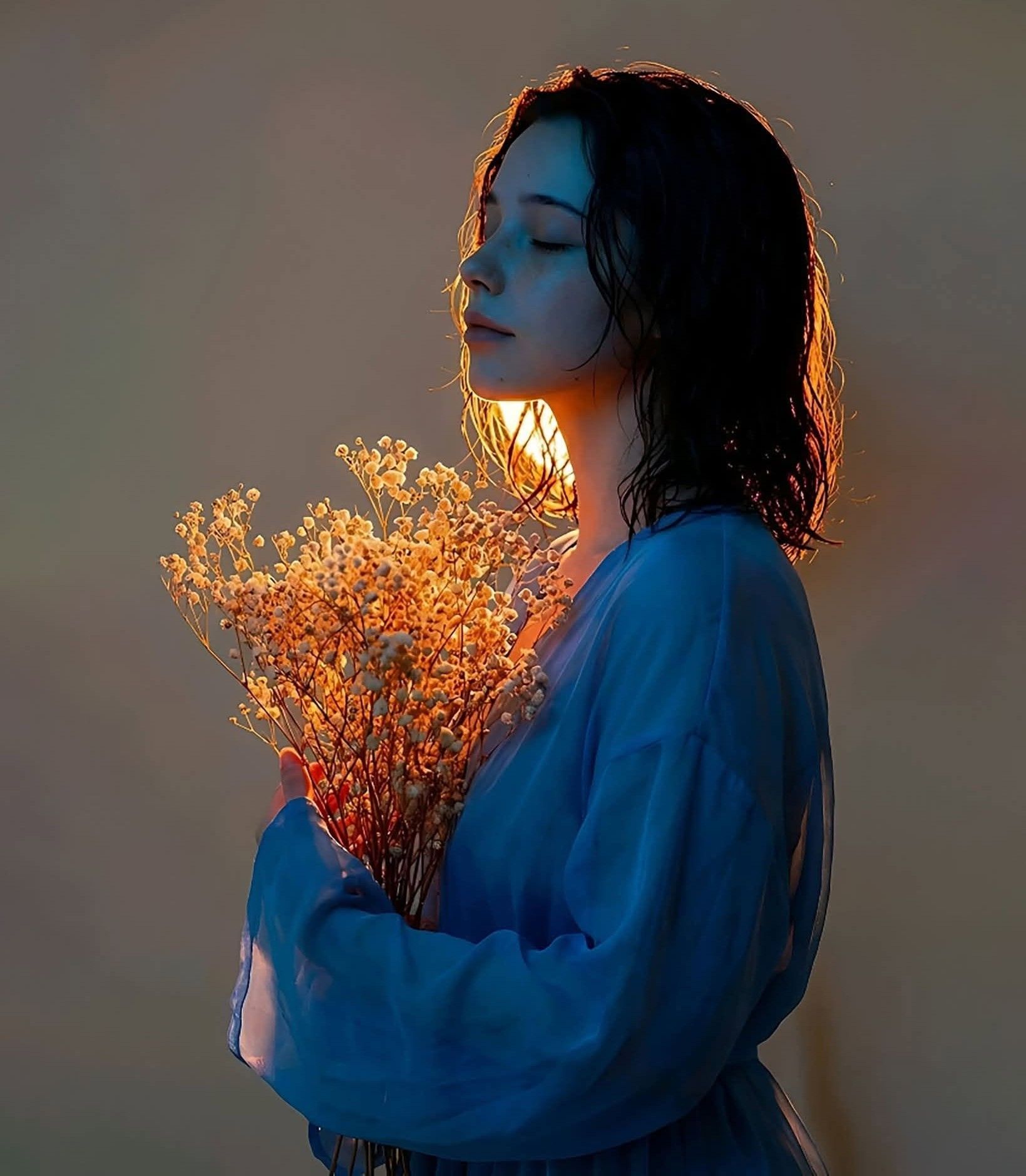 Golden Serenity: Cinematic Portrait with Dried Flowers