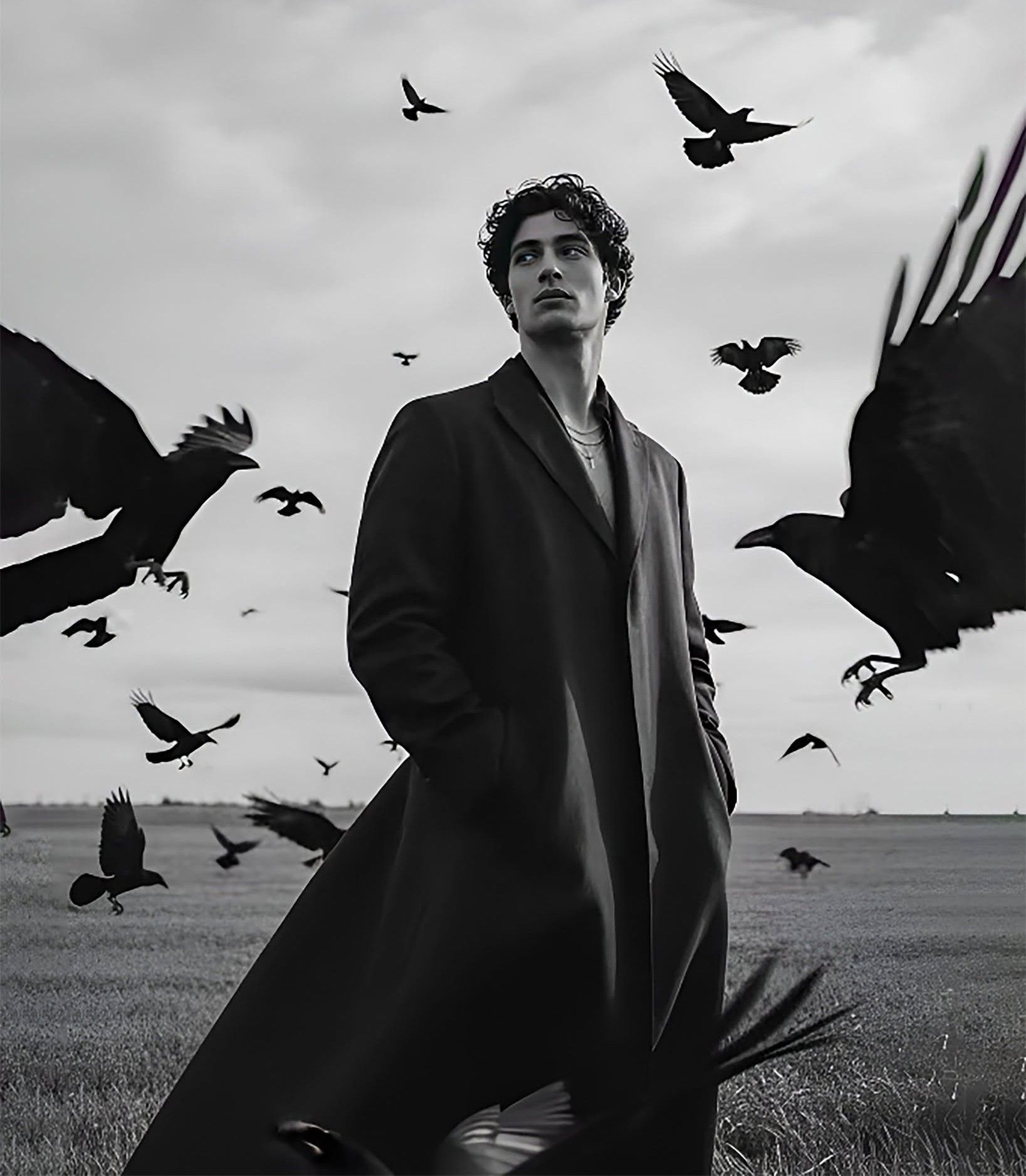 Moody Black and White Portrait: Man and Crows