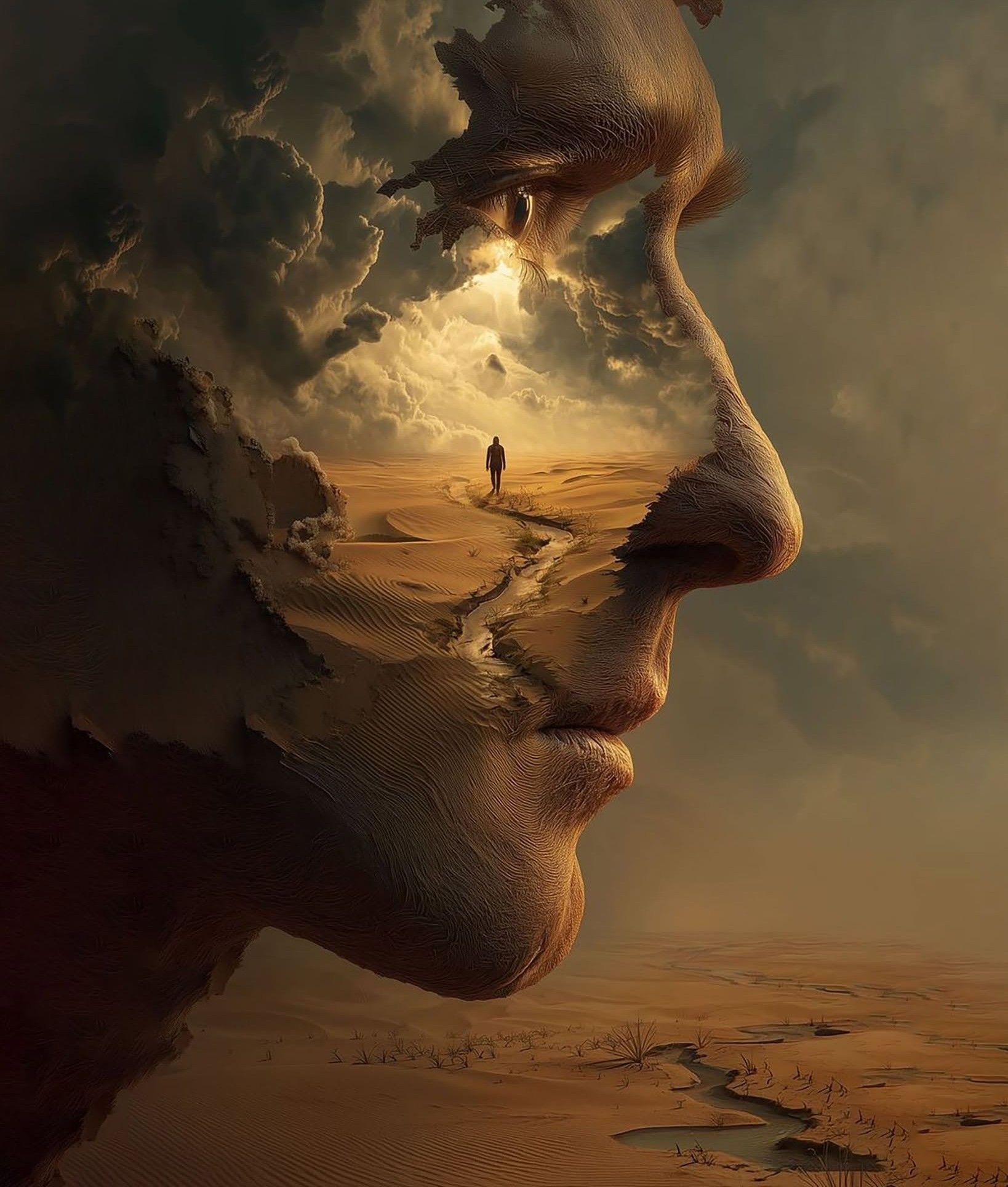Surreal Desert Face: Golden Wanderer's Sunset