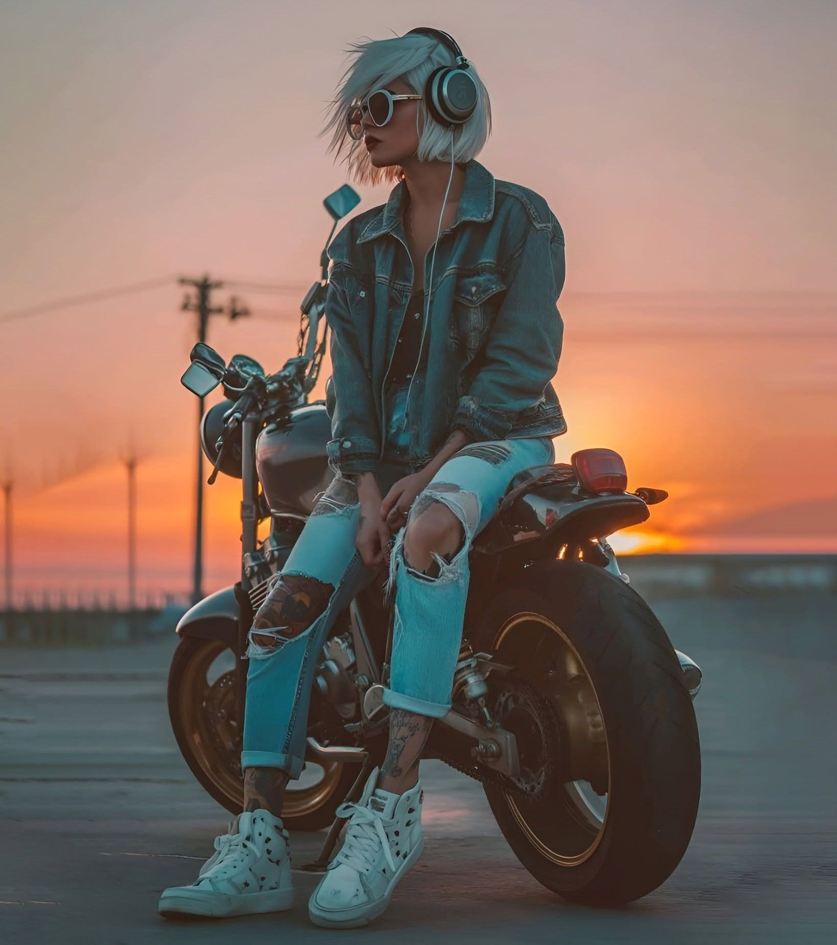 Cyberpunk Fashion Cafe Racer Sunset