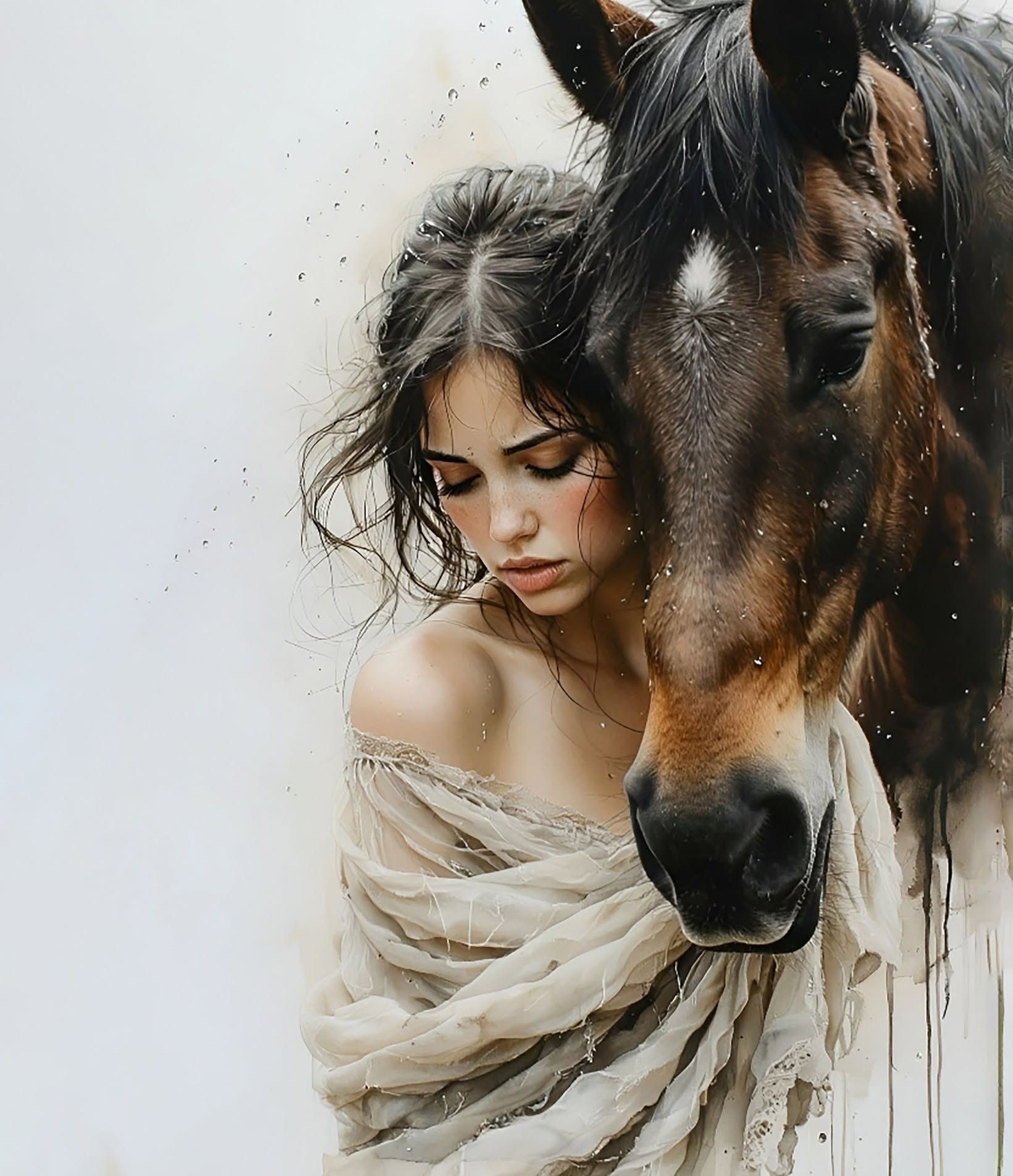 Dreamy Embrace: Woman, Horse, Rain