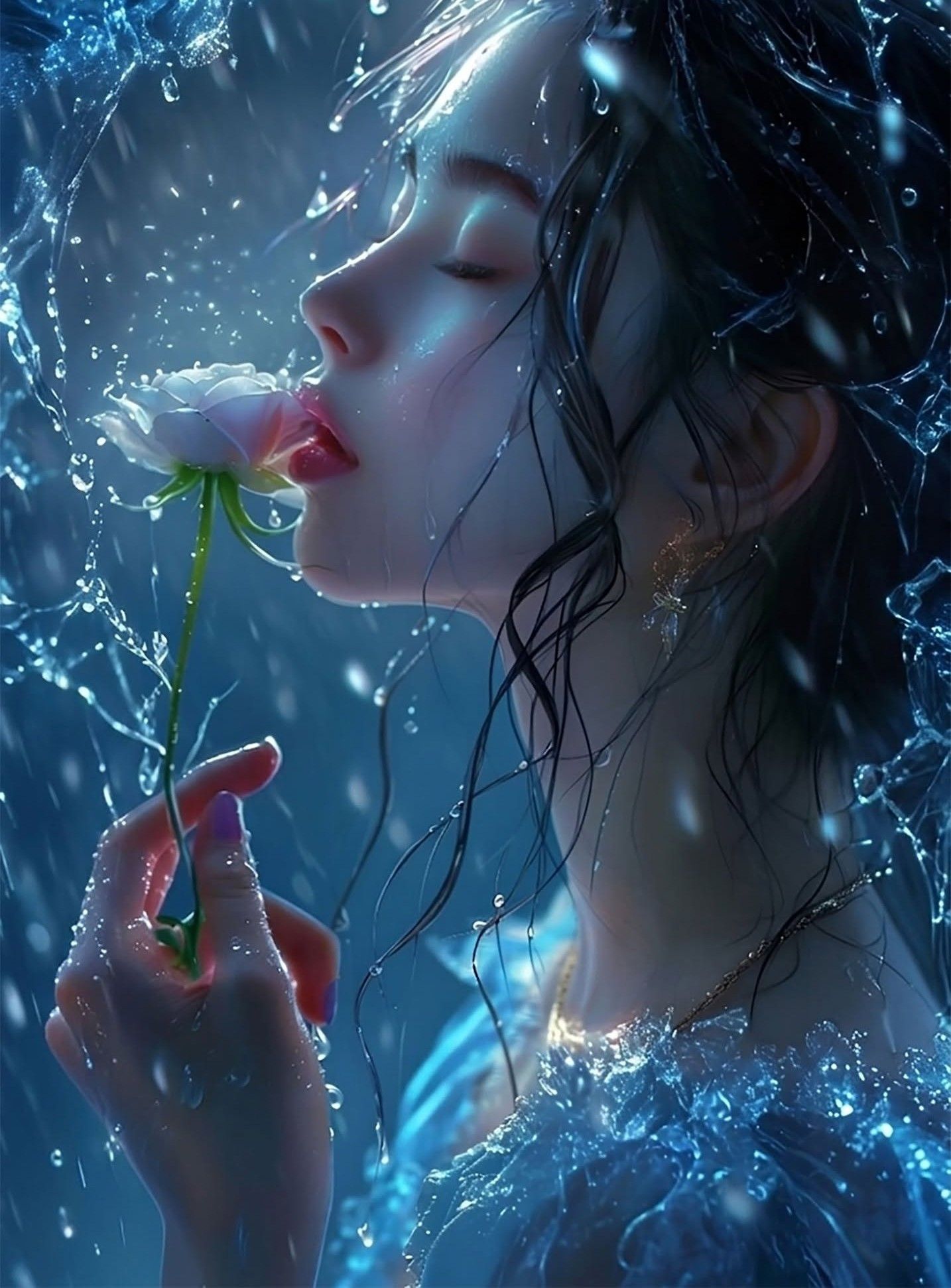 Dreamy Asian Girl in Neon Rain