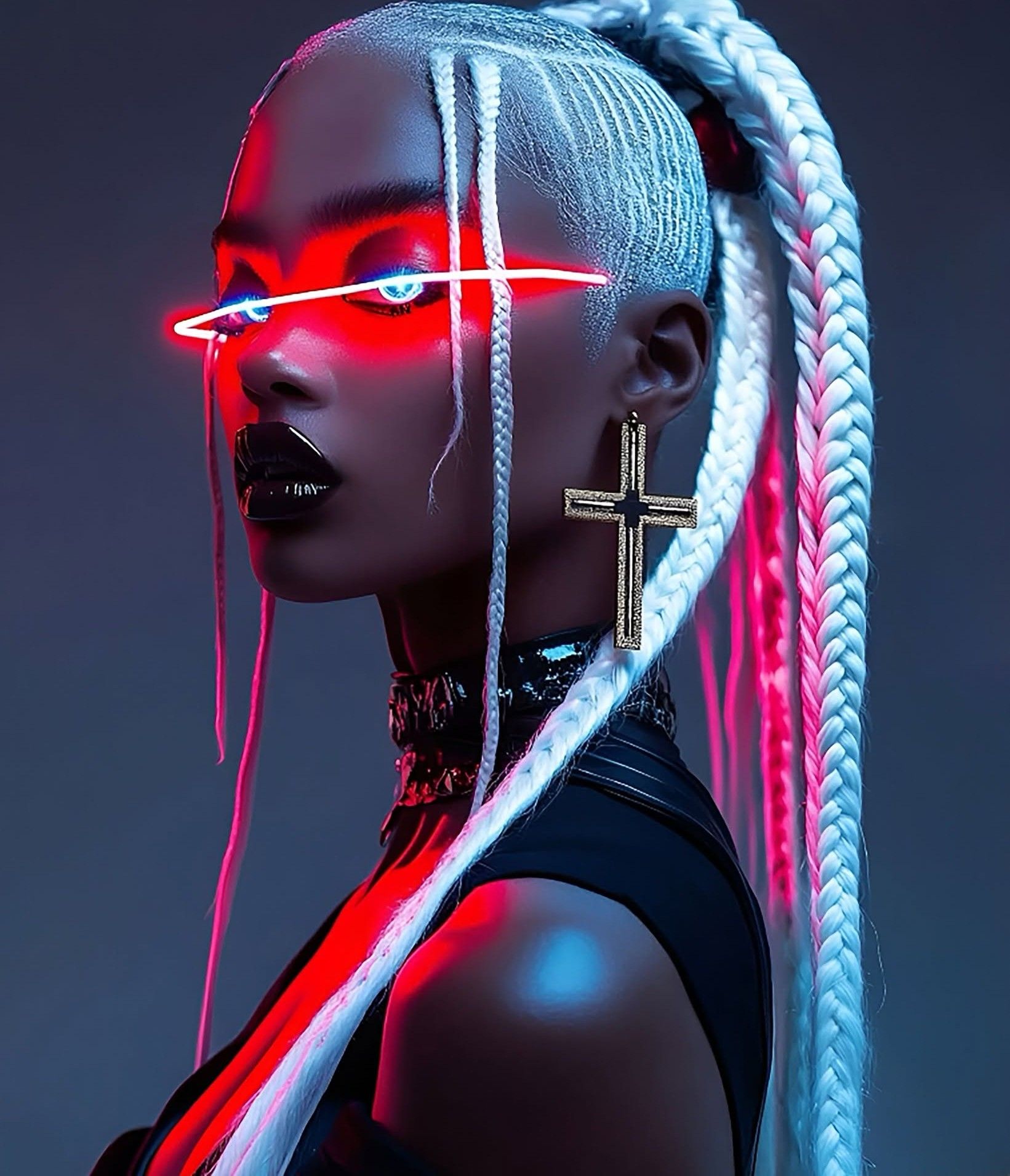 Neon Afro Cyberpunk Warrior Queen Portrait