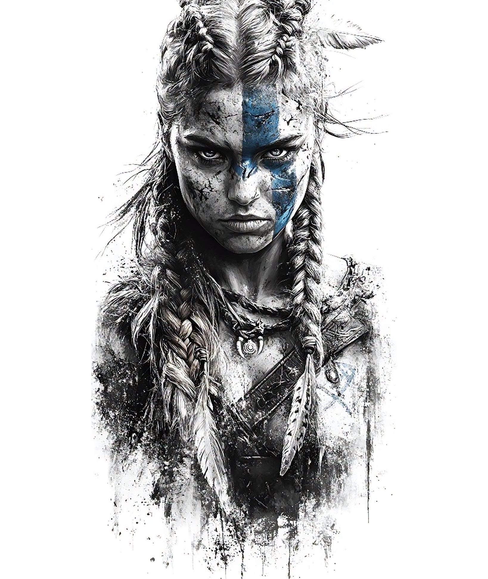 Fierce Viking Warrior: Blue Ink Portrait
