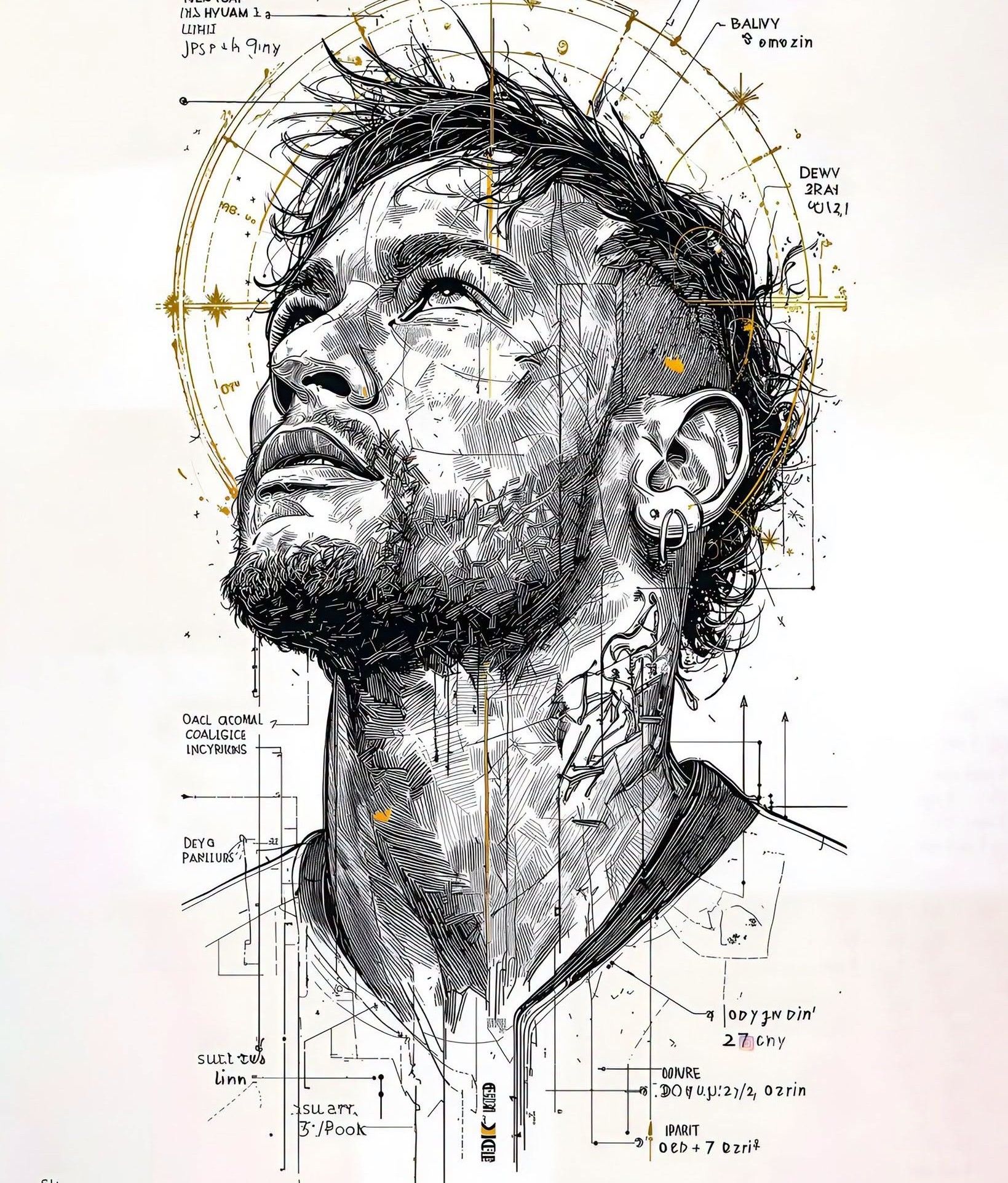 Visionary Ink Man with Golden Blueprint Halo