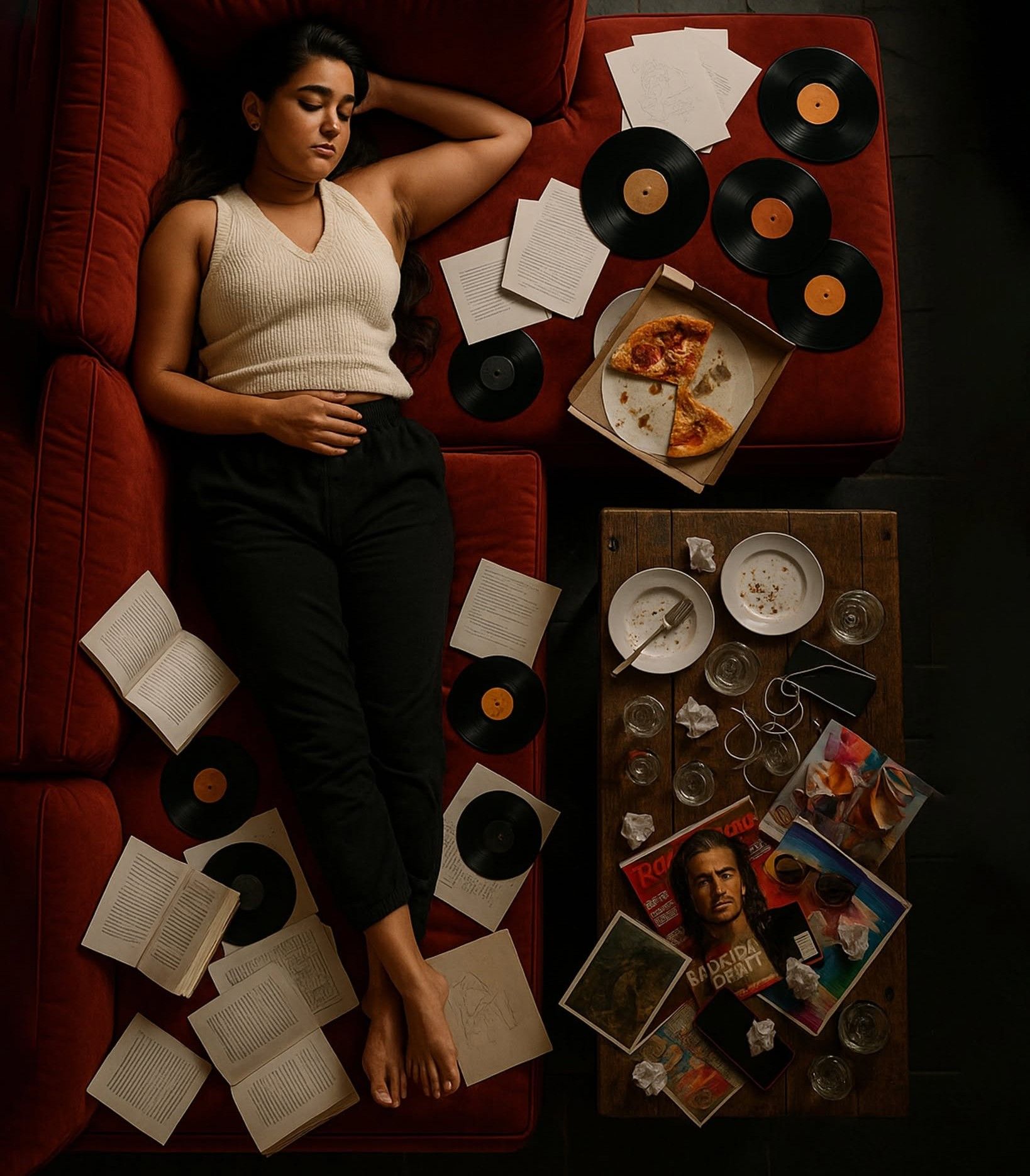 Overhead Slumber: Red Sofa Chaos
