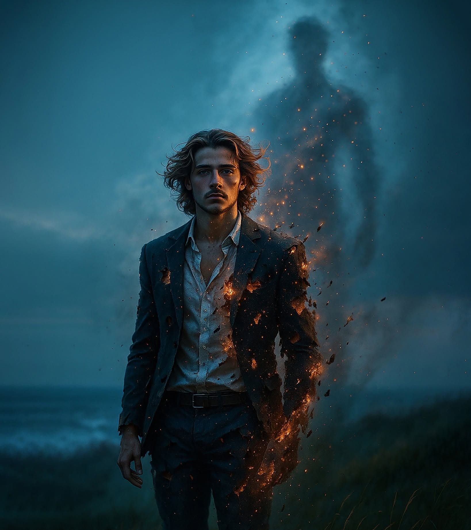 Glowing Fragments: Man Dissolving into Blue Hour