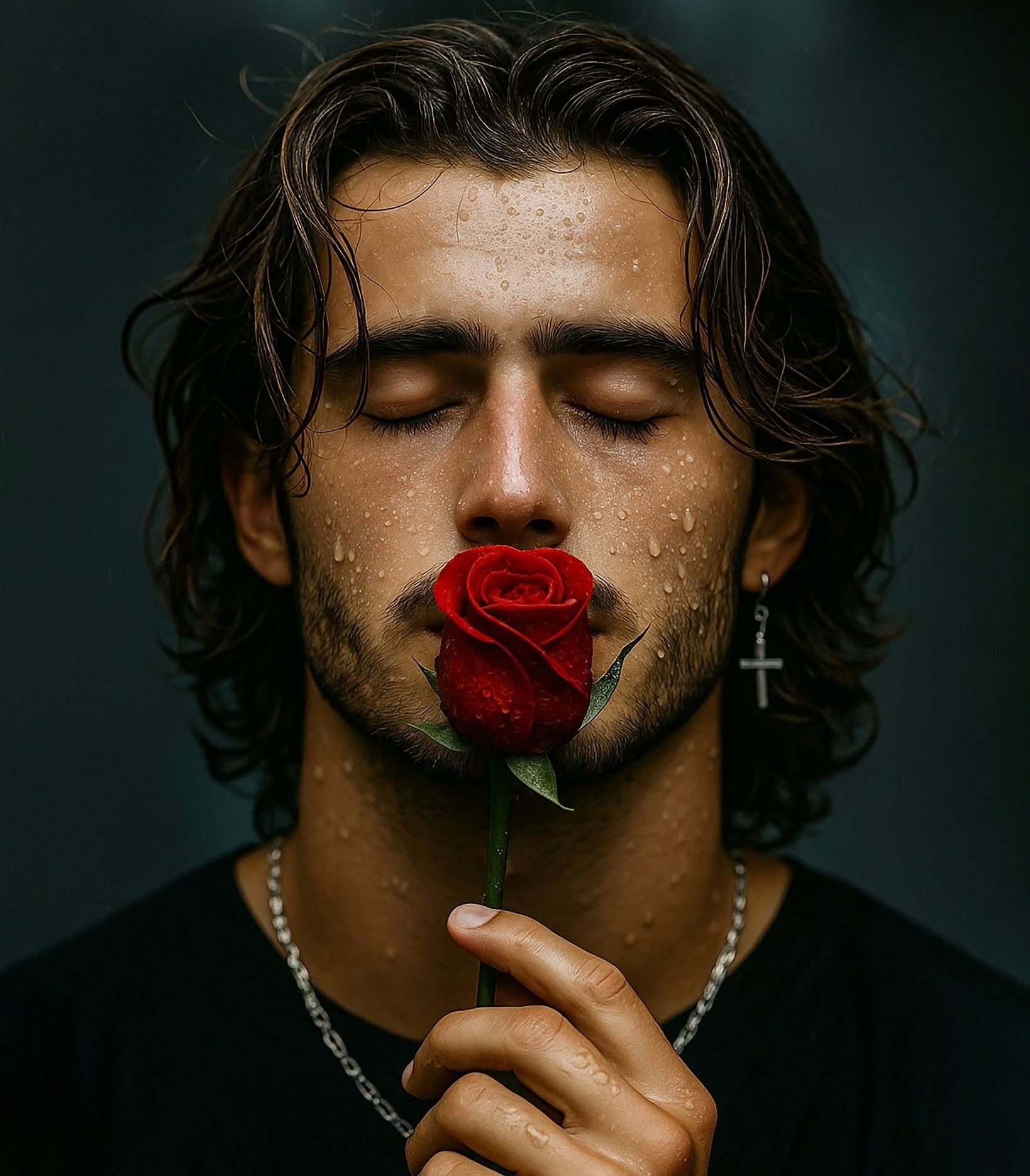 Wet Serenity with Red Rose