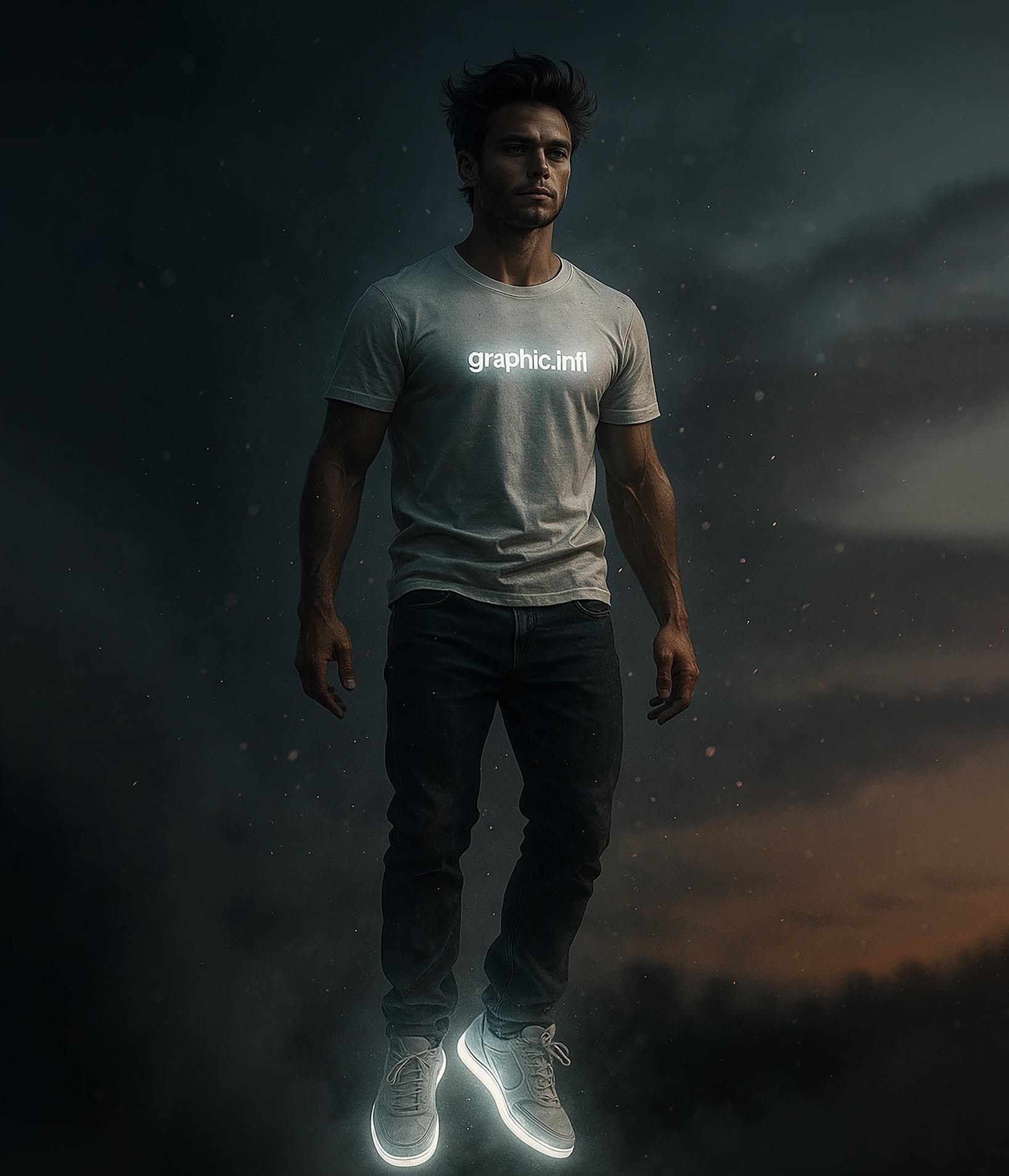 Electric Resonance: Man Floats Cityscape