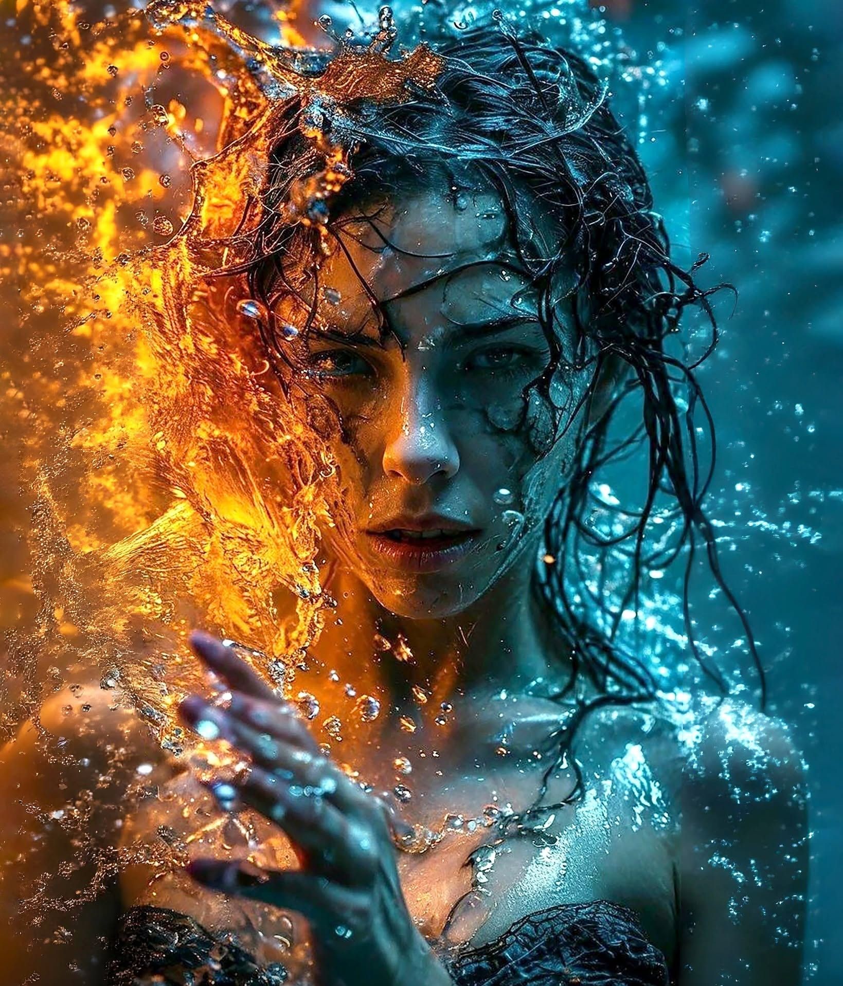 Cinematic Fire & Water Split Portrait