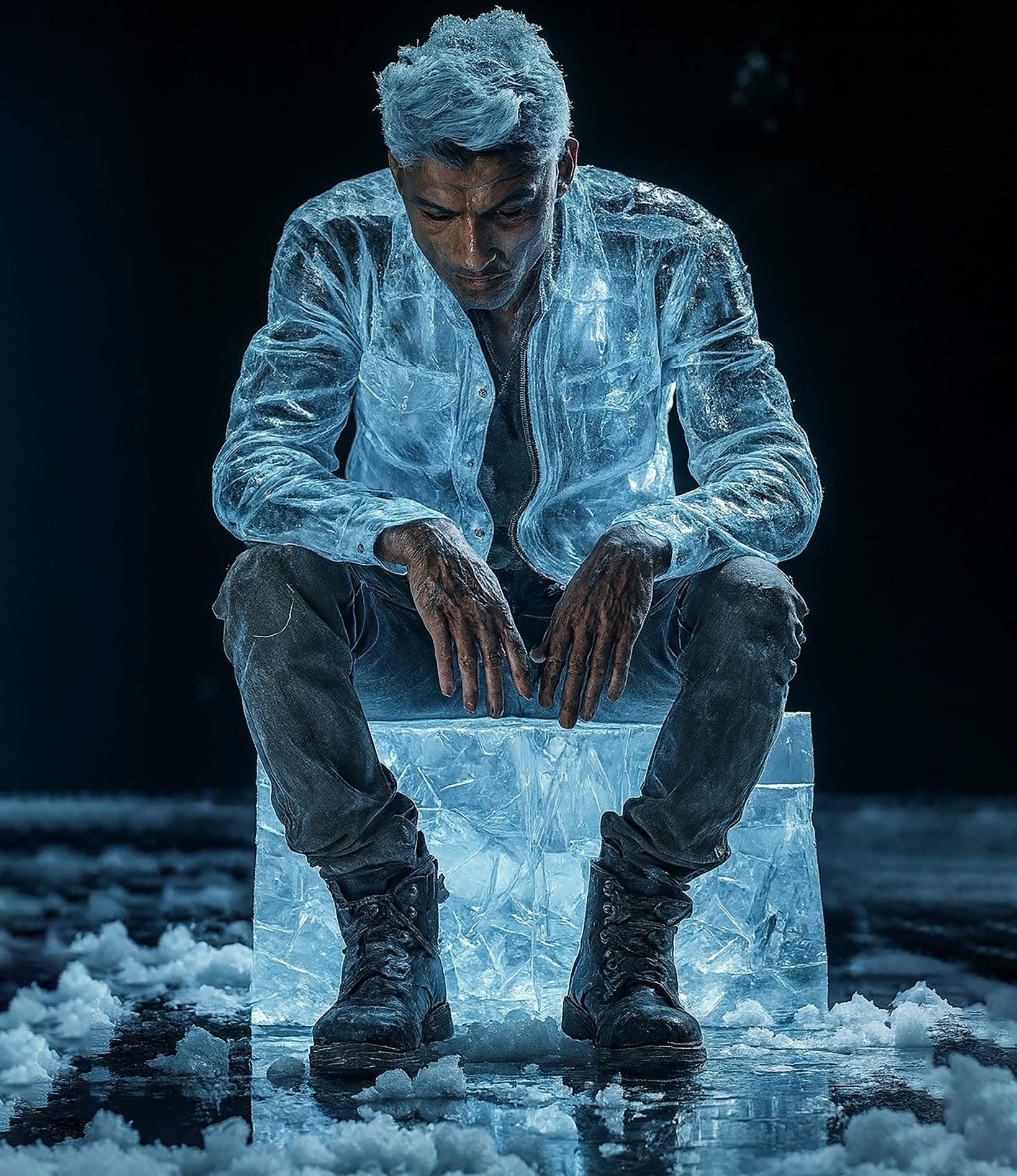 Chilling Ice Transformation: Frozen Figure Drama