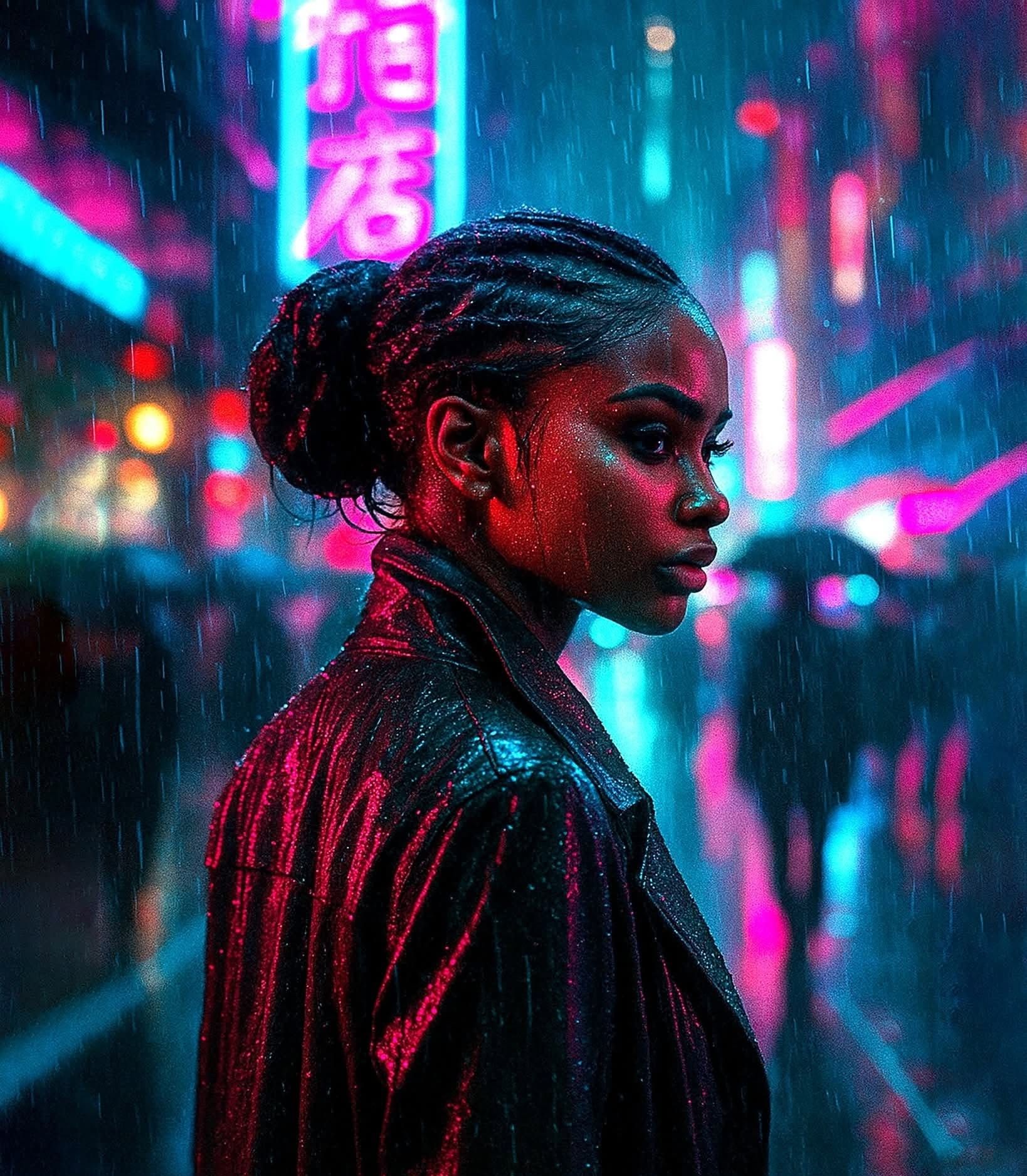 Cinematic Cyberpunk Neon Rain Portrait