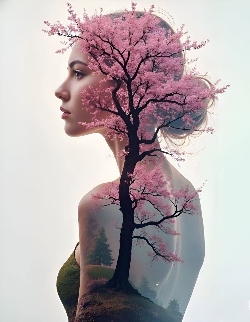 Dreamy Blossom Woman Double Exposure