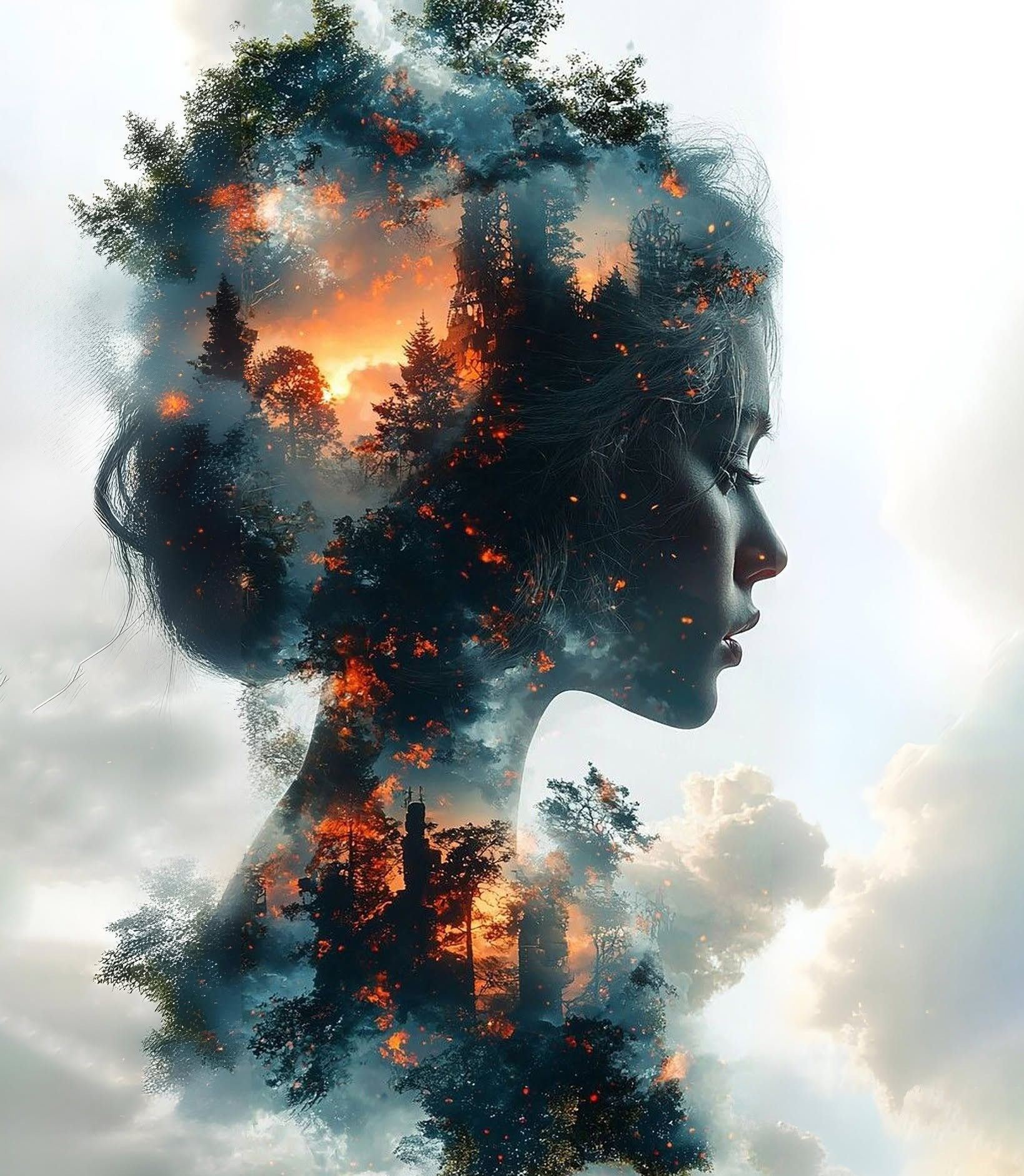 Burning Forest Woman Double Exposure