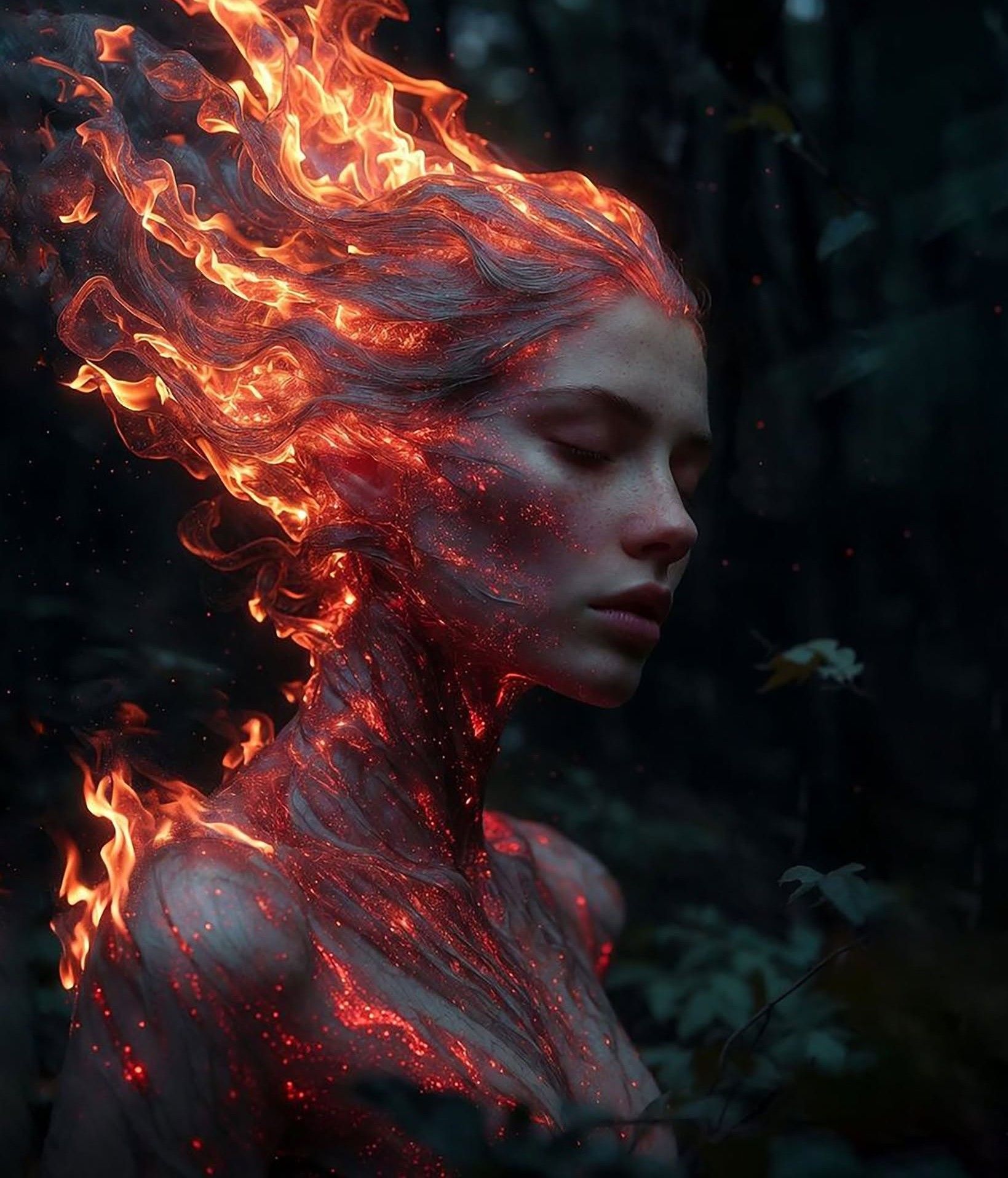 Molten Lava Fire Woman, Dark Forest