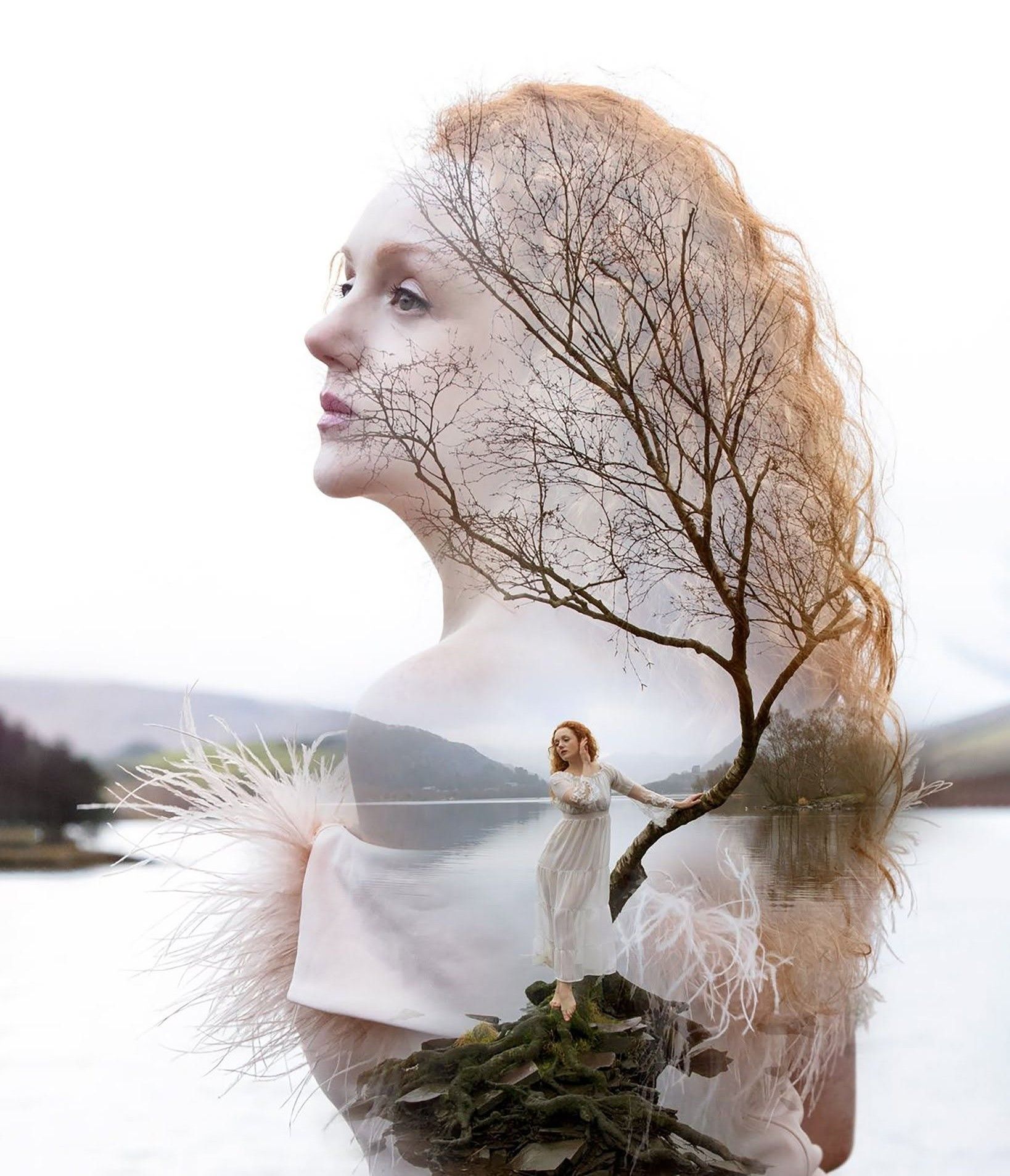 Double Exposure: Red Hair, Misty Lake