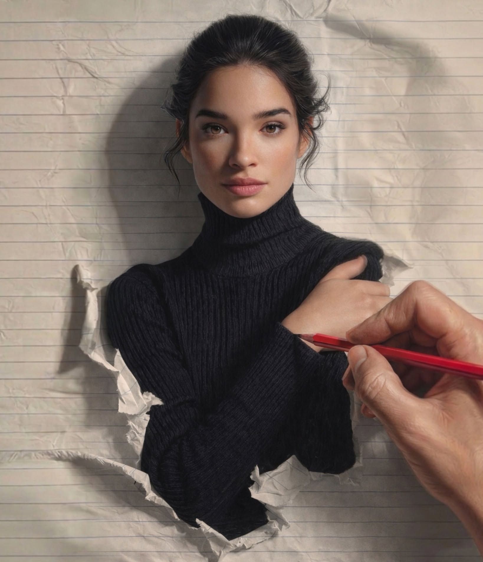 Red Pencil Reveals Woman from Torn Paper