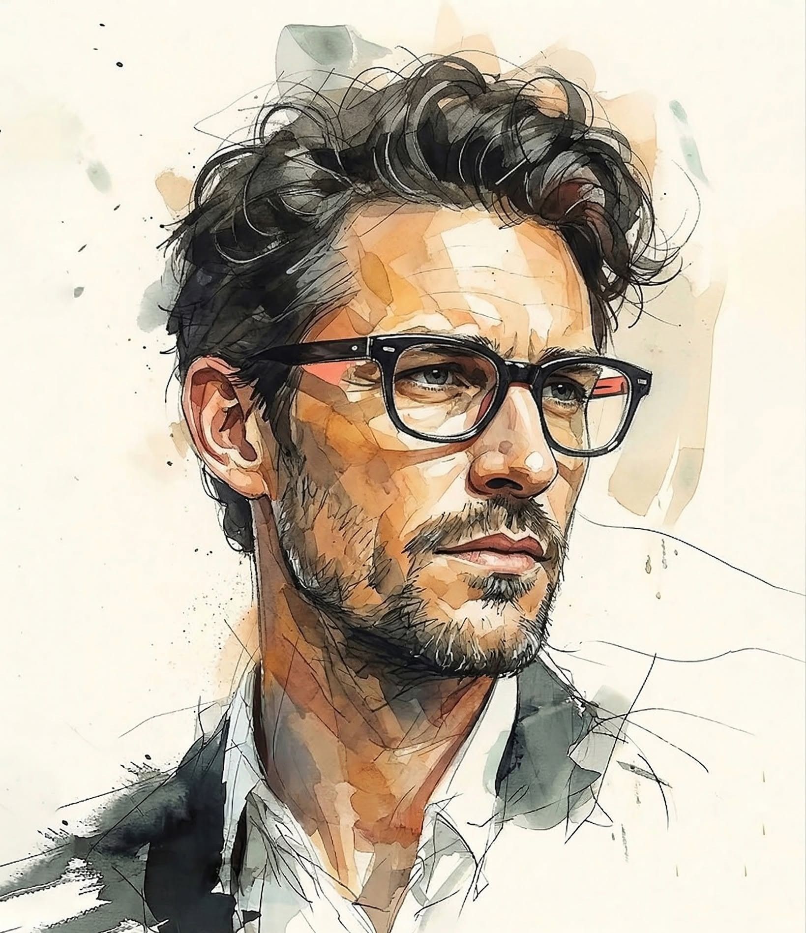 Elegant Thoughtful Man Watercolor Editorial