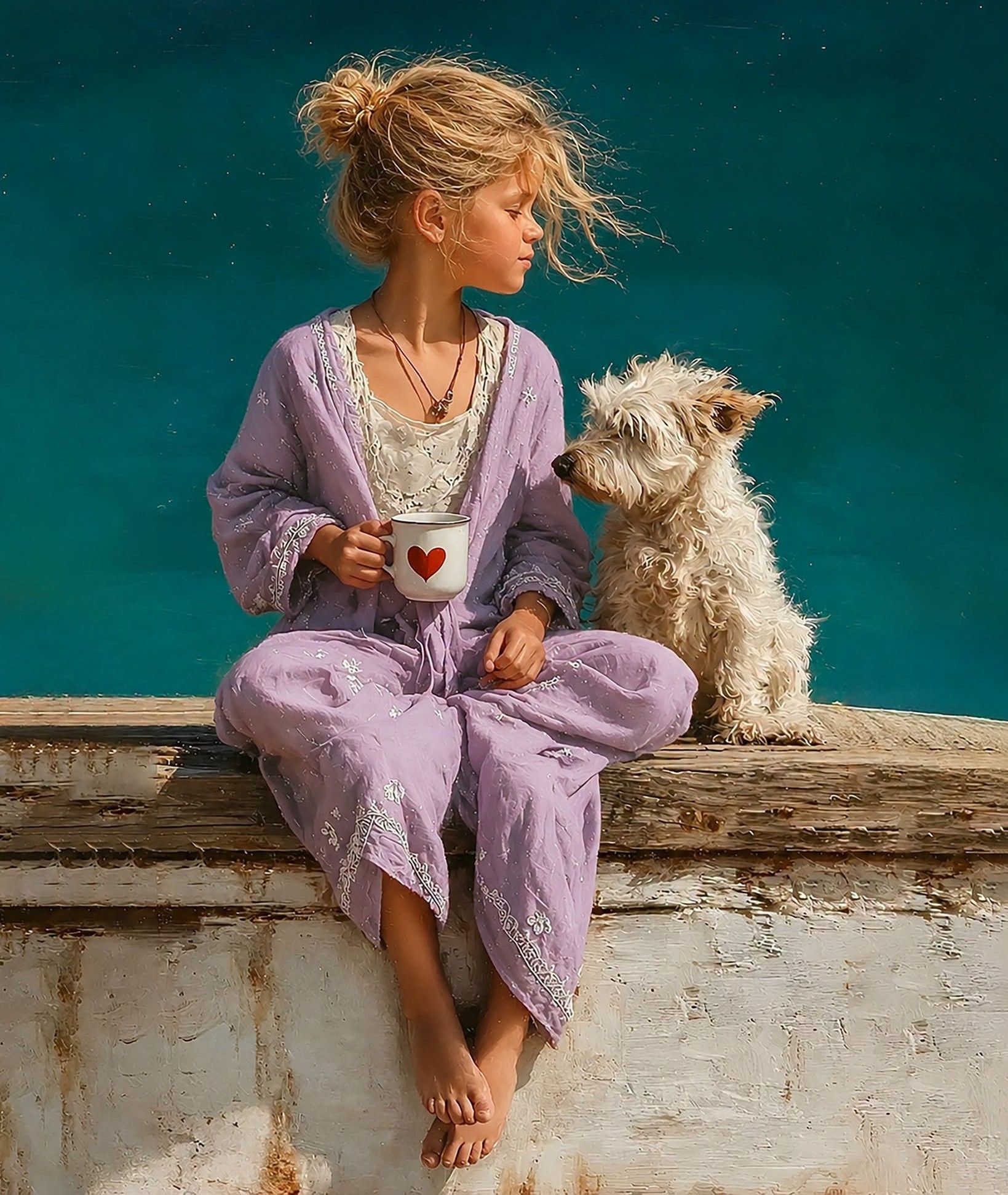 Golden Morning: Girl, Dog, Dockside Heart