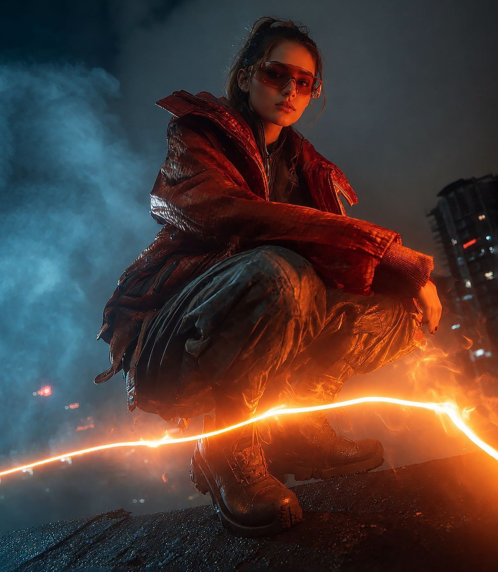 Red Puffer Cyberpunk Rooftop