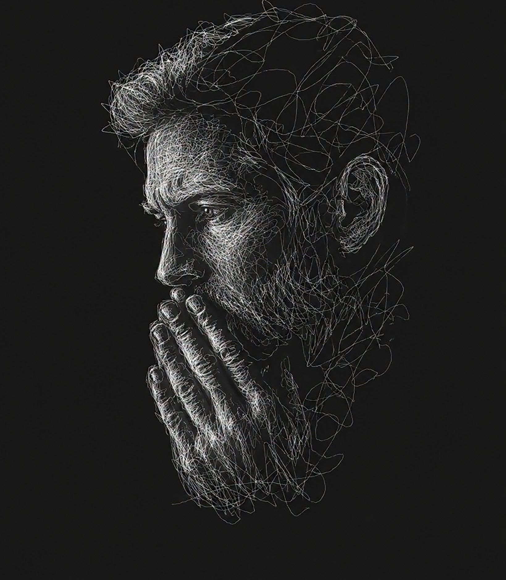 Scribble Contemplation: Wireframe Graphite Man