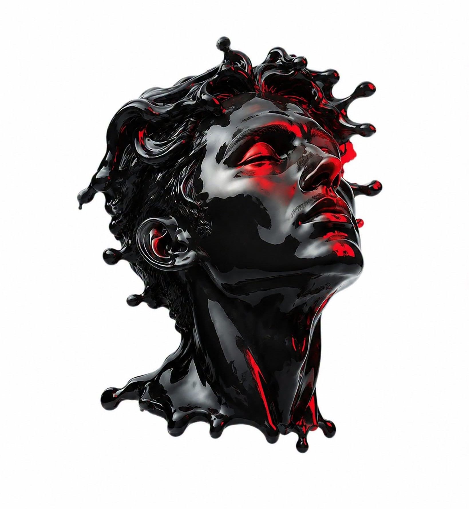 Liquid Black Chrome Bust, Red Neon Glow