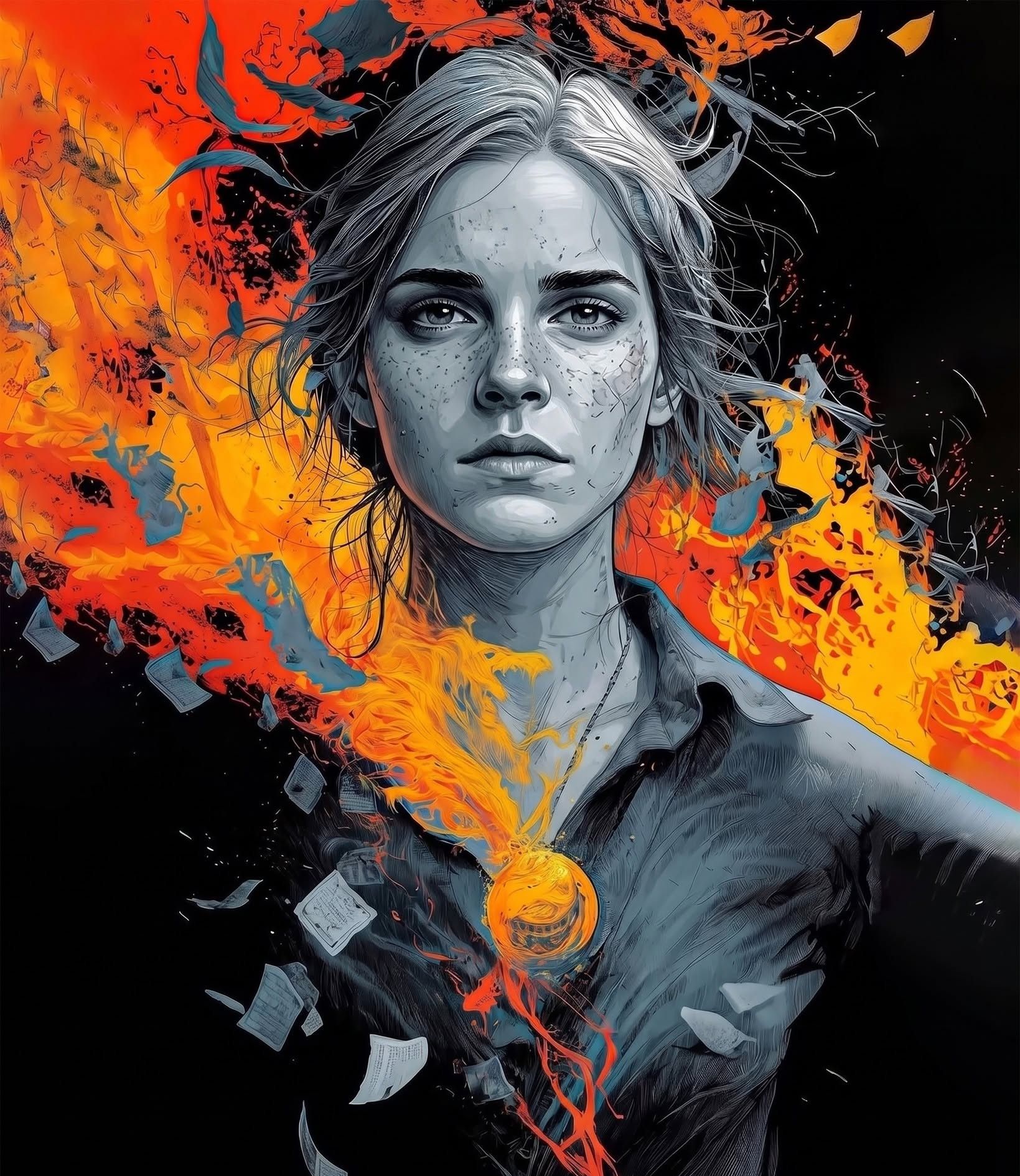 Elegant Chaos: Grayscale Portrait, Fiery Neon