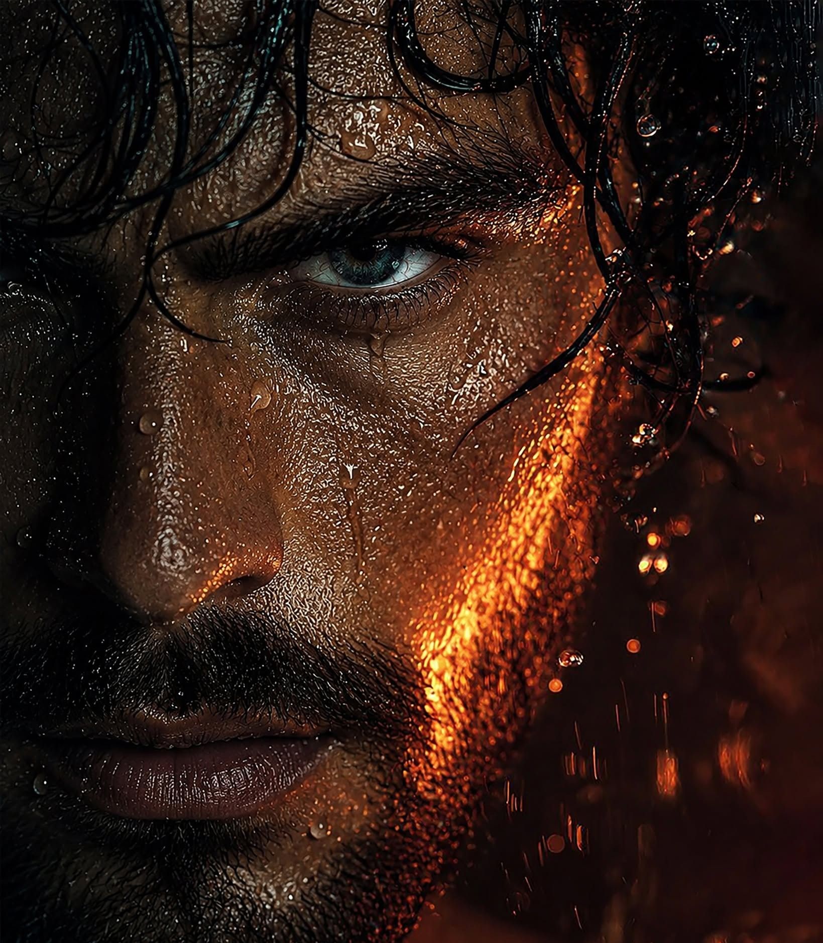 Intense Fiery Gaze: Rain-Soaked Portrait