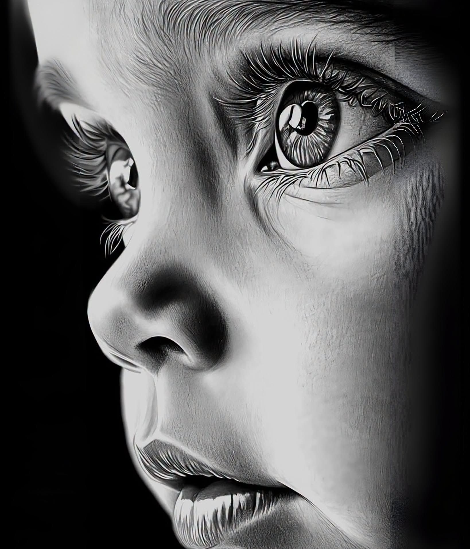 Ultra-Detailed Graphite Baby: Dramatic B&W Portrait