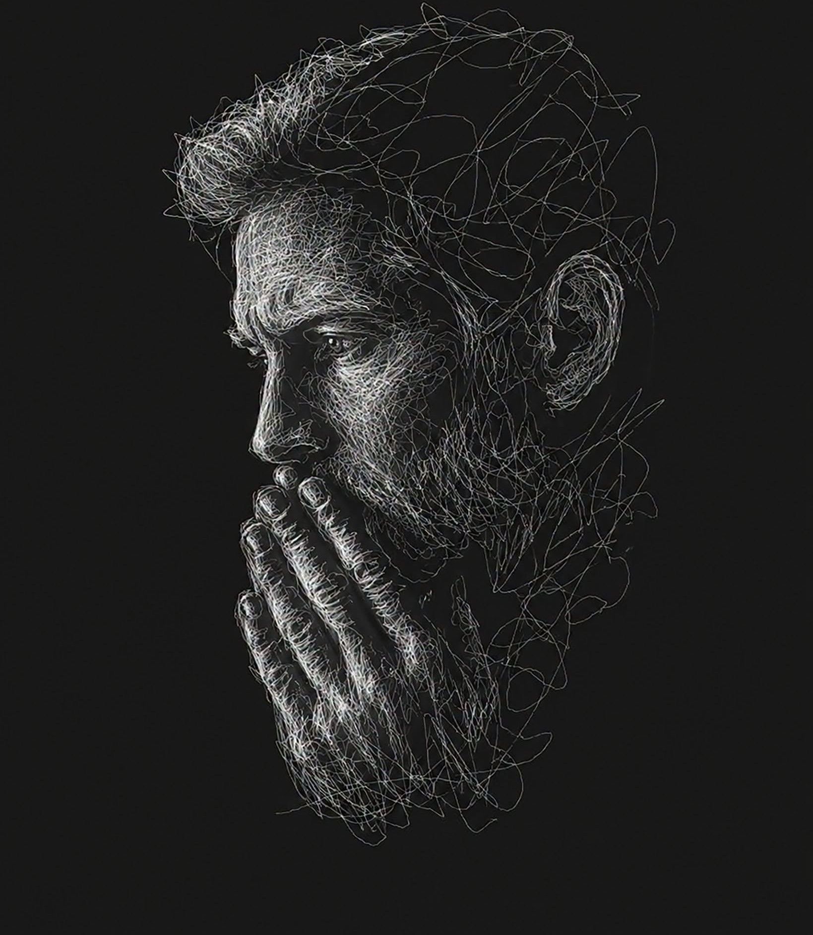 Chaotic Scribble Wireframe: Contemplative Portrait
