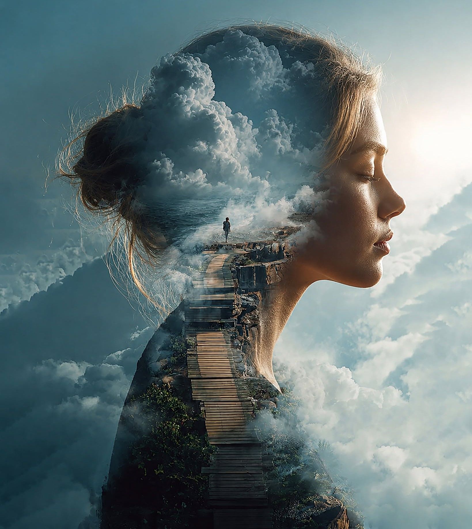 Surreal Mountain Path Double Exposure Portrait