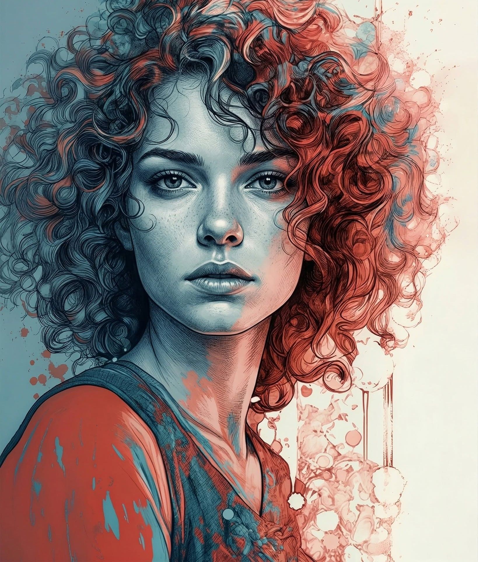 Dynamic Teal-Orange Curly Portrait