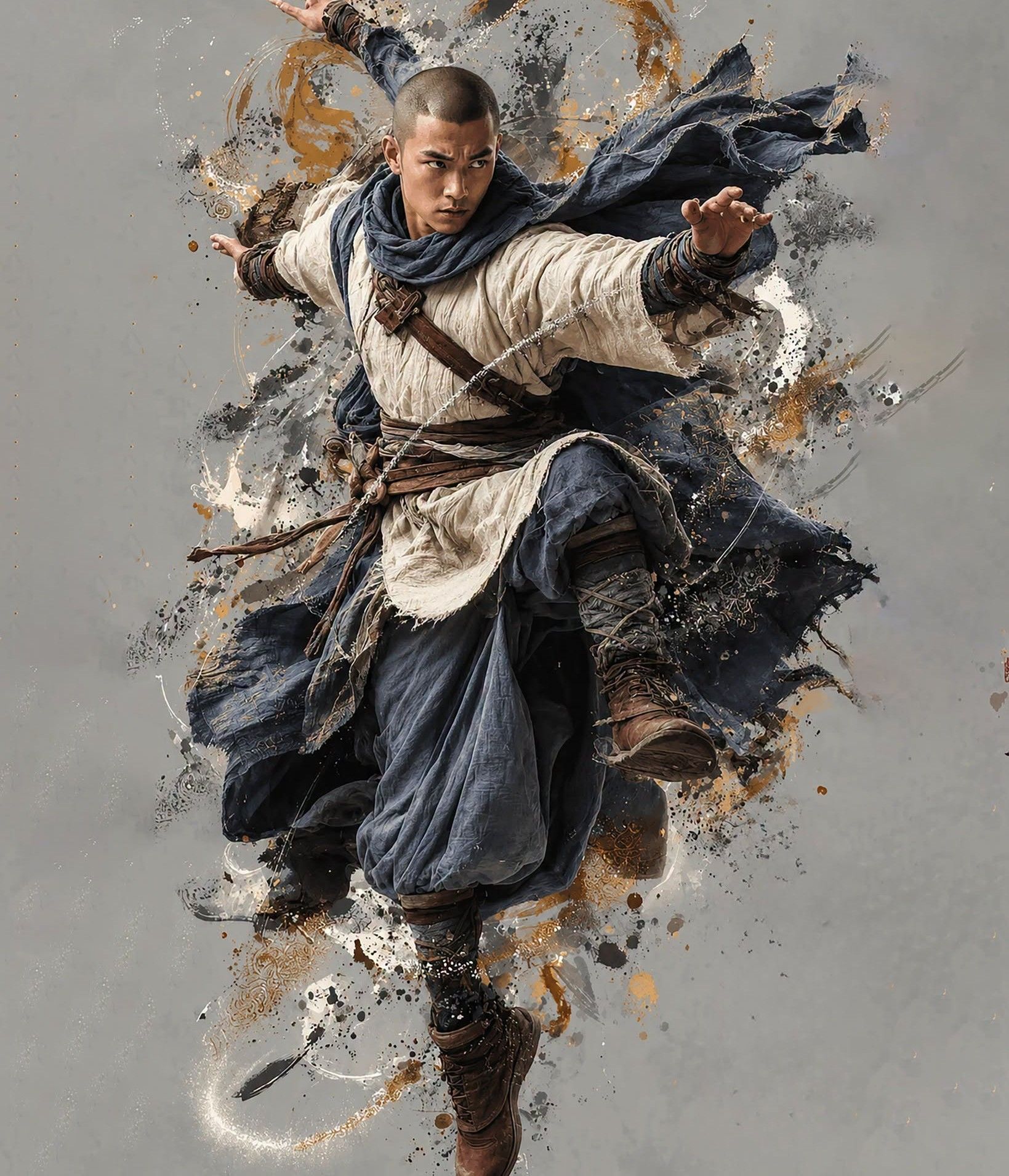 Dynamic Wuxia Monk: Ink Art Explosion