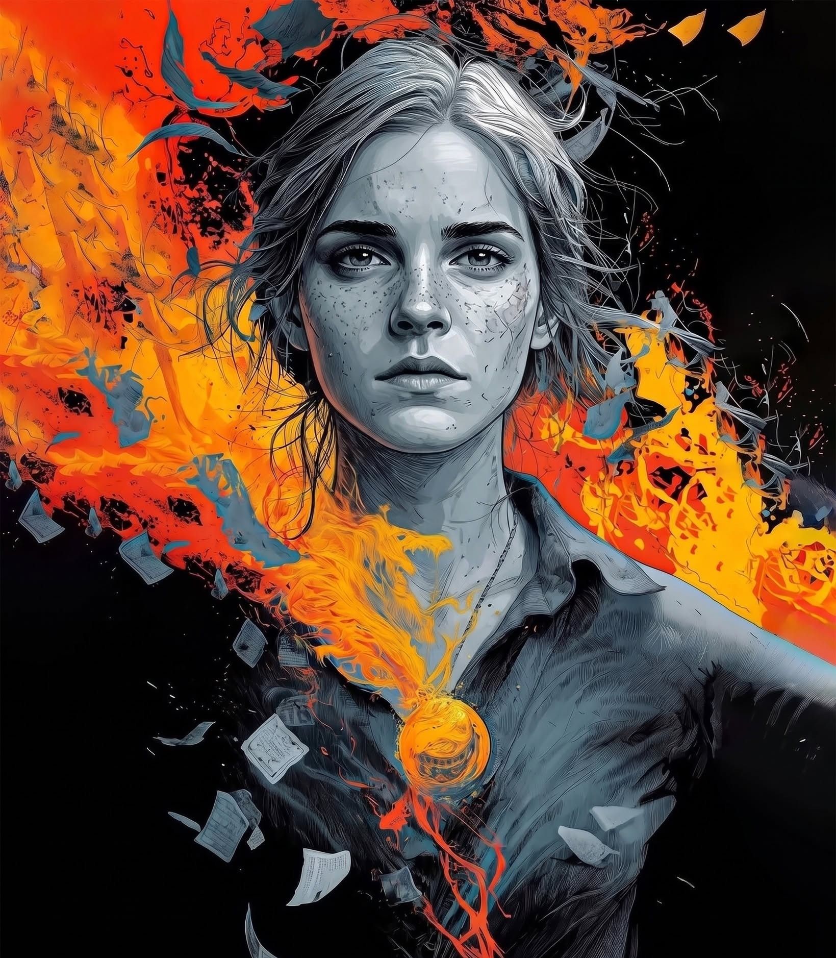 Inferno Gaze: Grayscale Woman, Molten Chaos