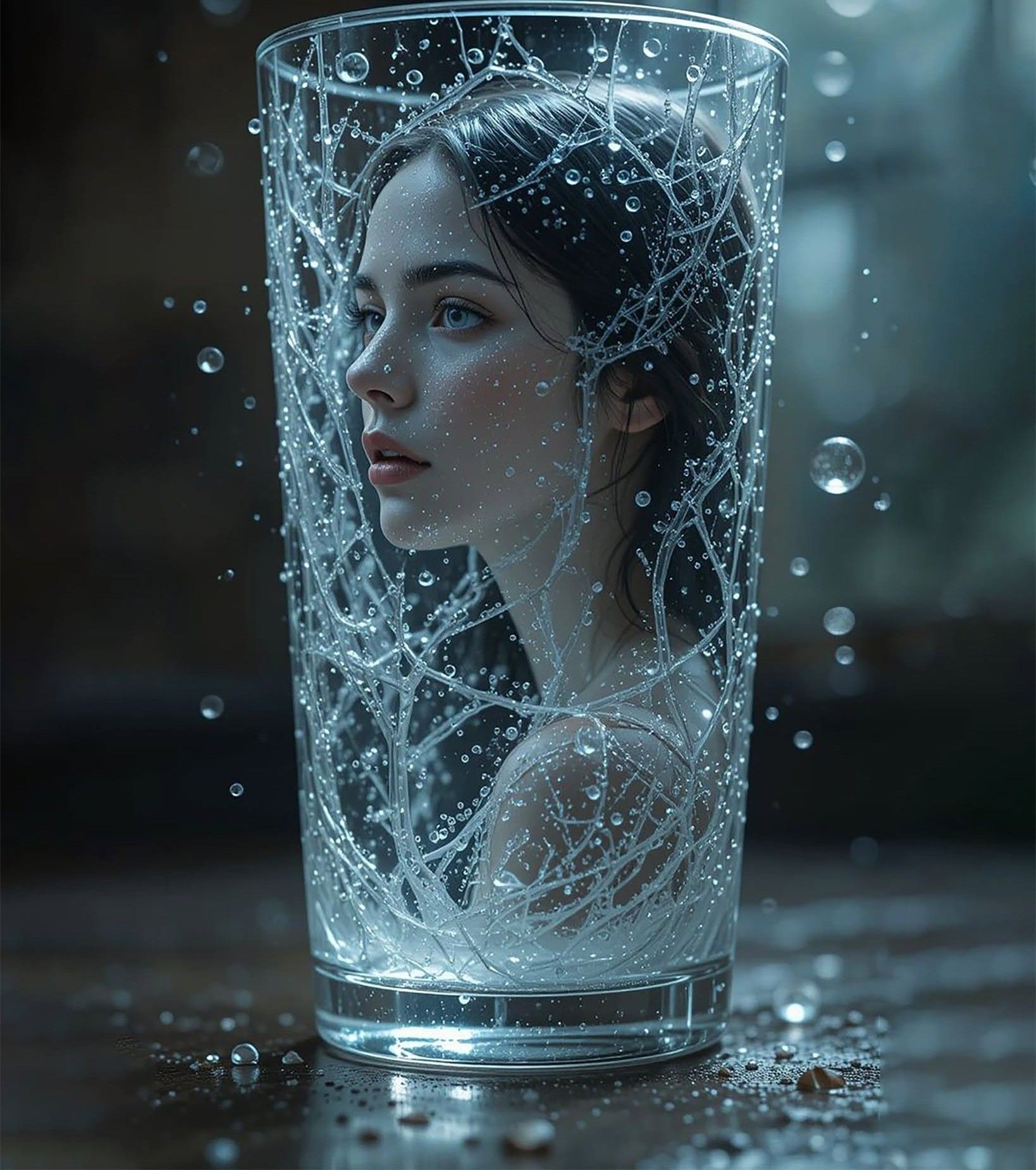 Surreal Glass Woman, Frozen Splashes