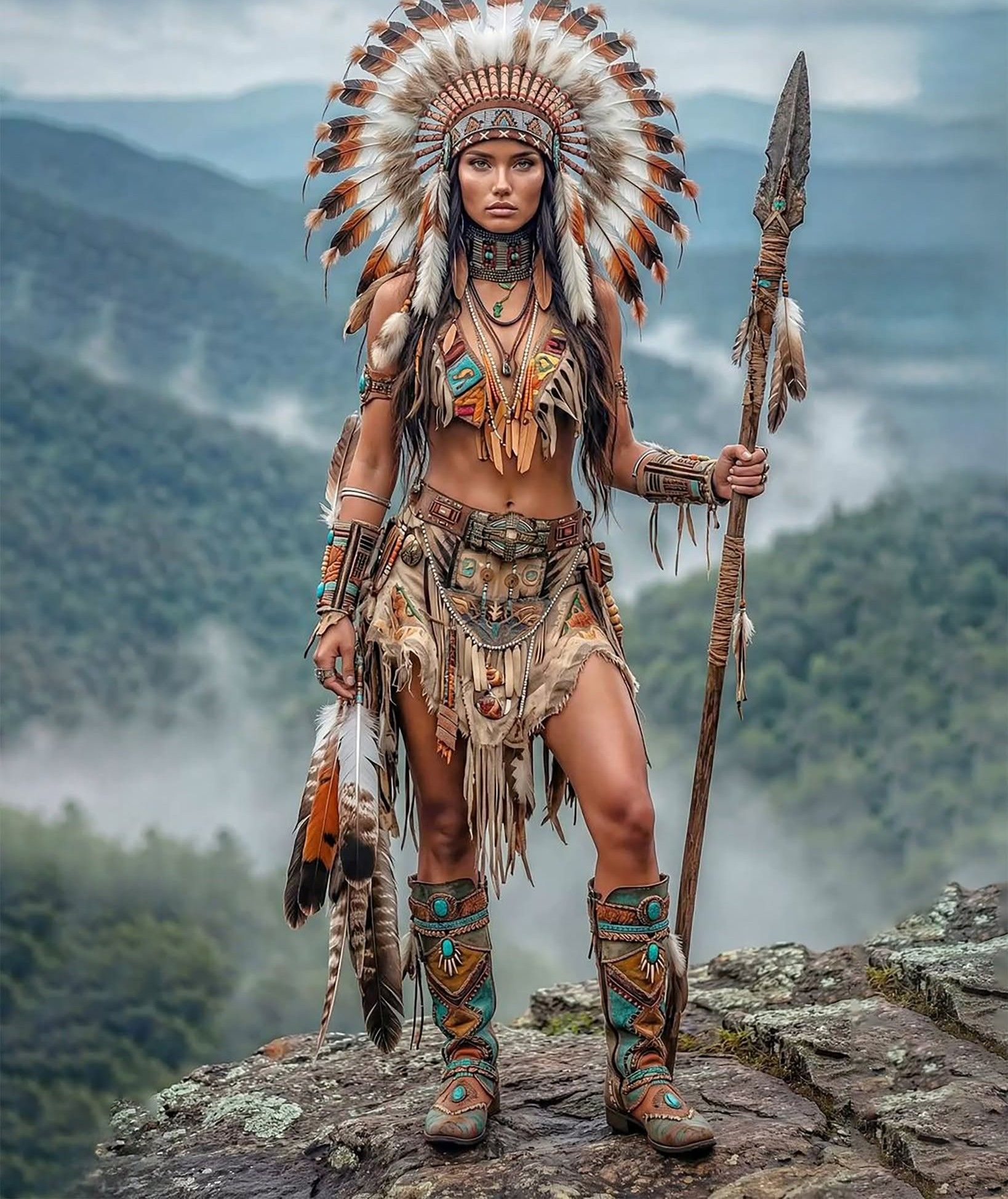 Powerful Feathered Indigenous Warrior, Misty Peaks