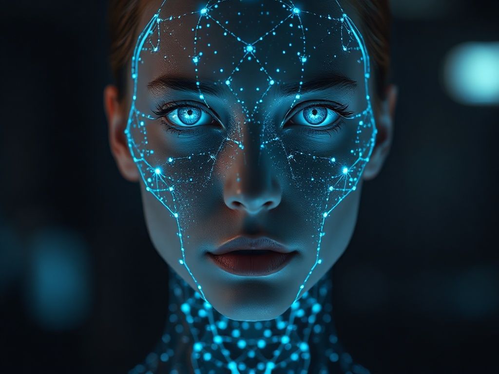 A hyper-realistic futuristic portrait of a woman with