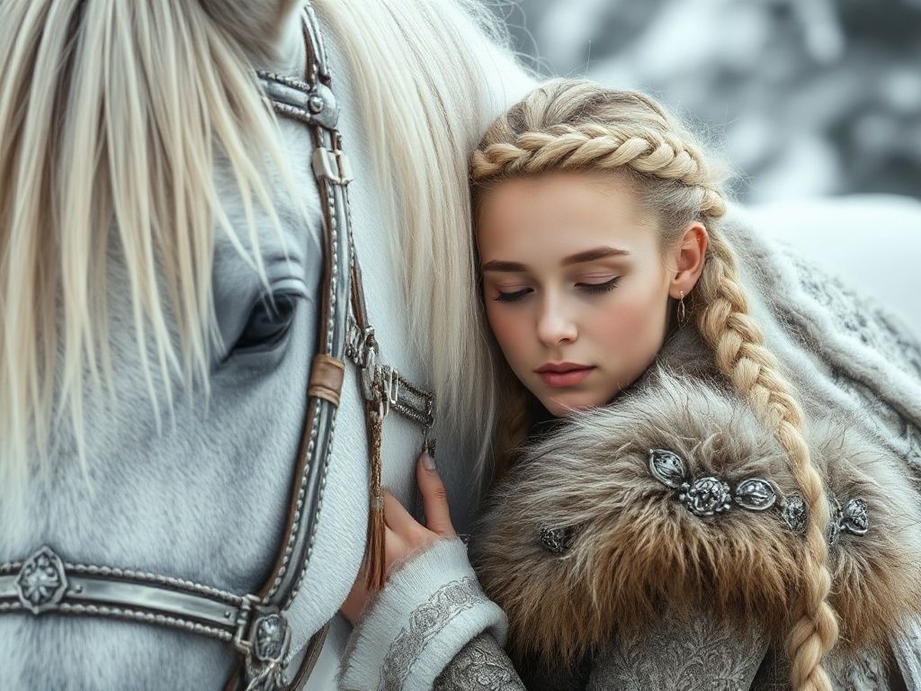 A serene, ethereal scene of a young woman